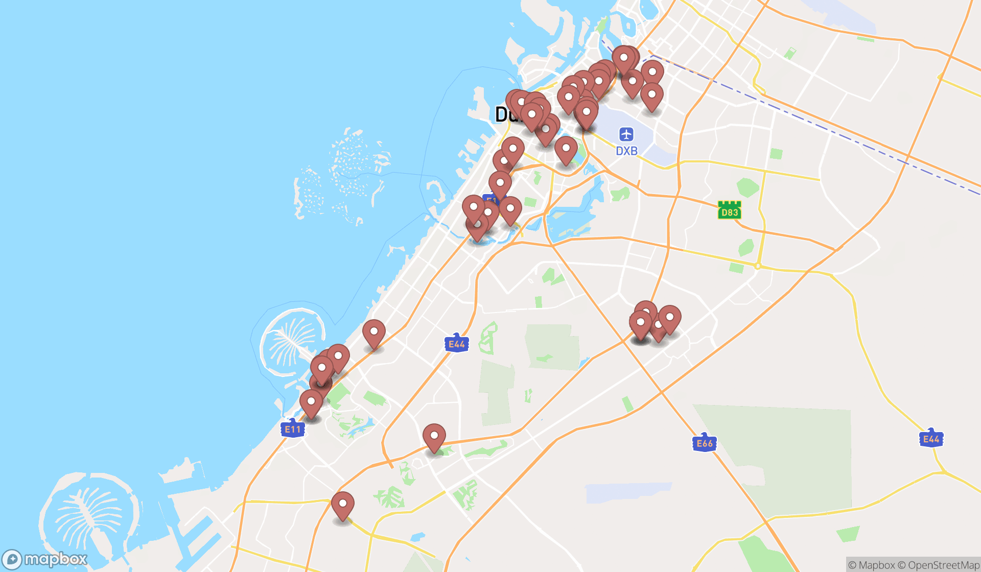 Map showing the search results in Dubai