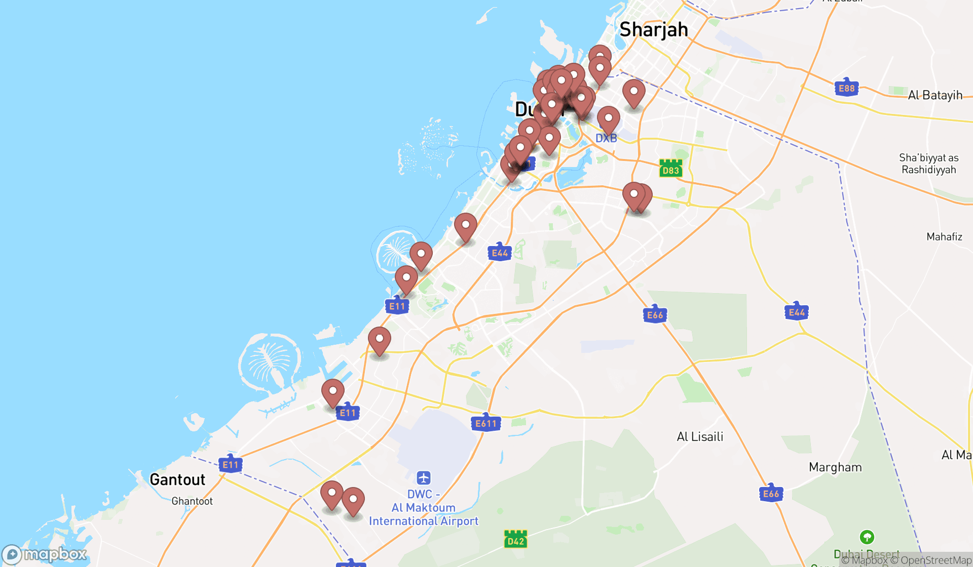 Map showing the search results in Dubai