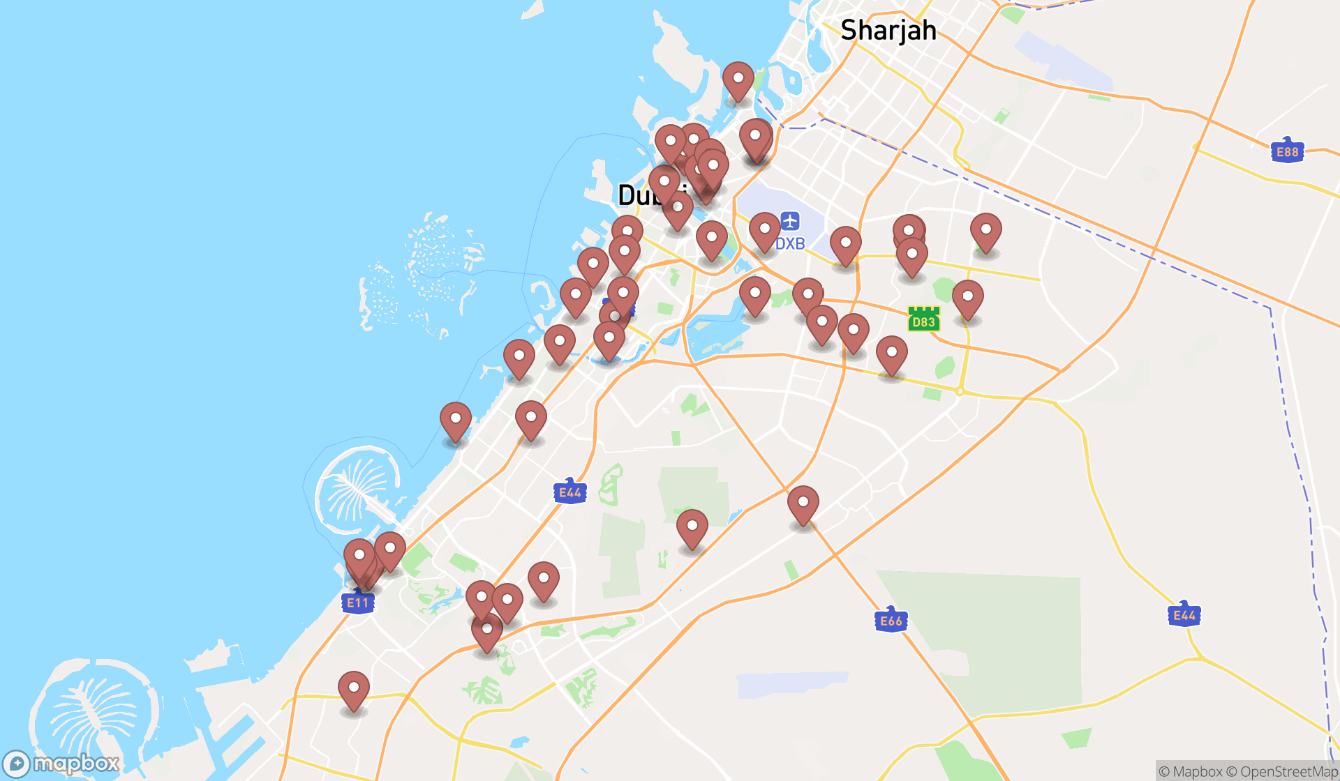Map showing the search results in Dubai