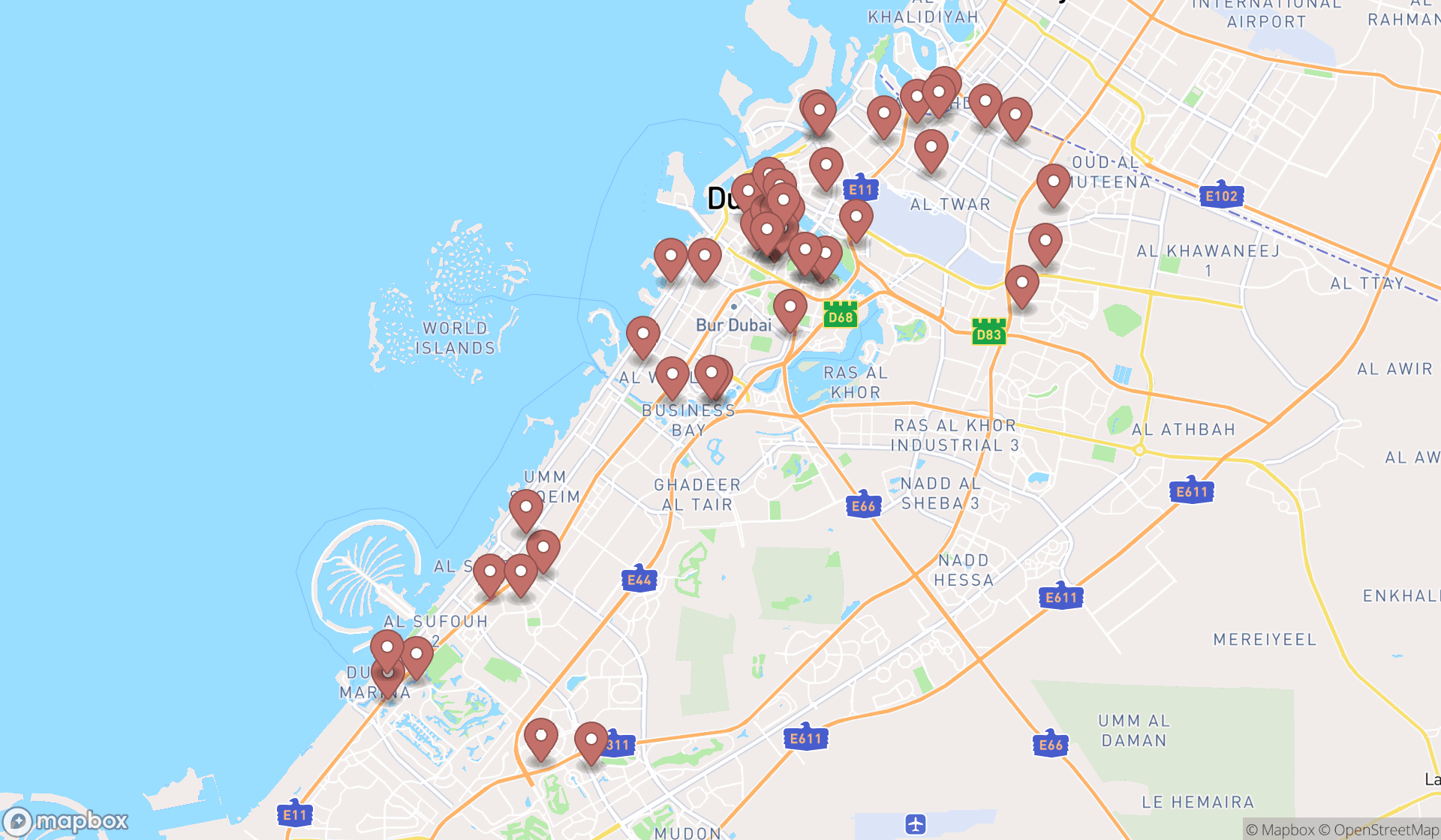 Map showing the search results in Dubai