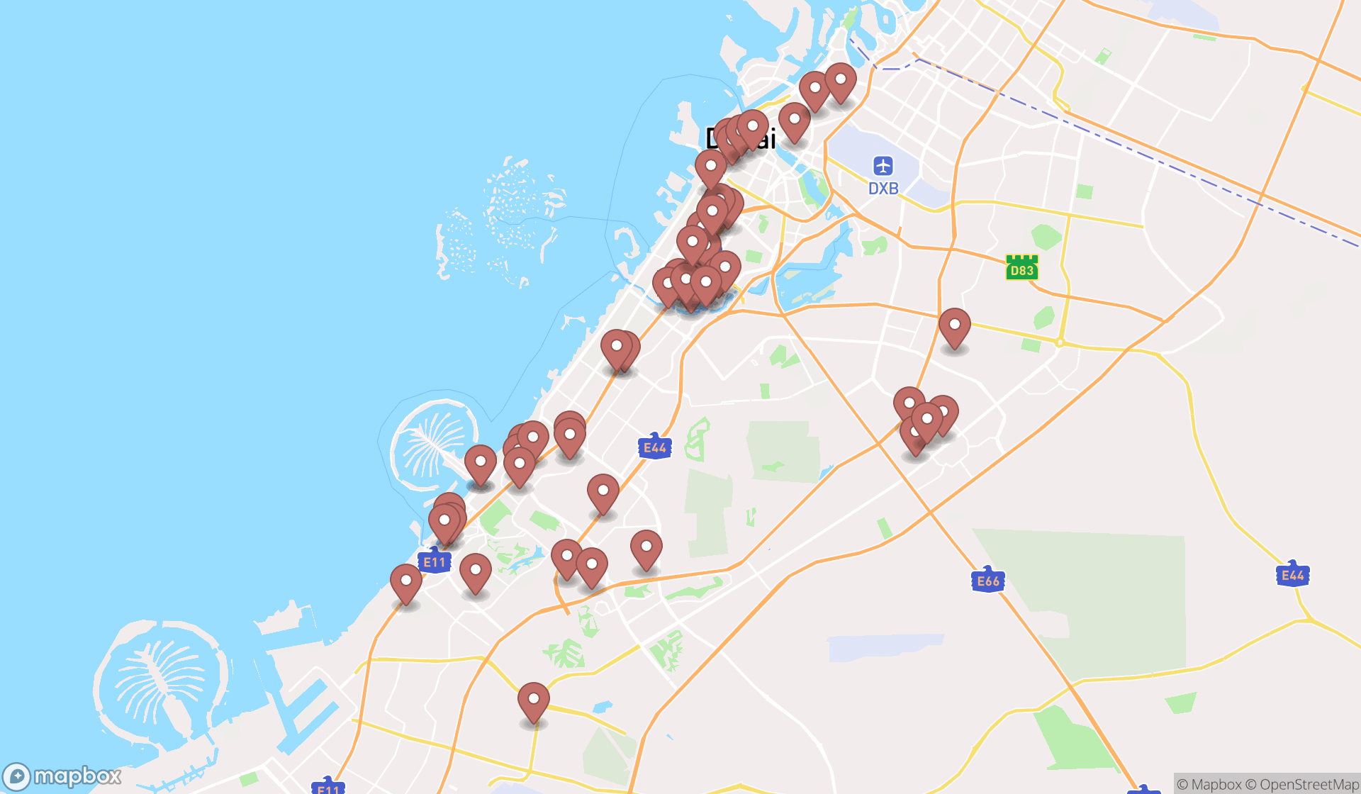 Map showing the search results in Dubai