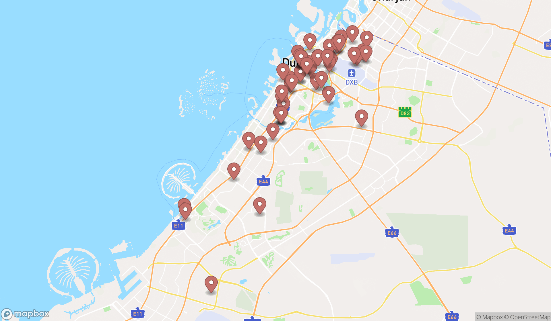 Map showing the search results in Dubai