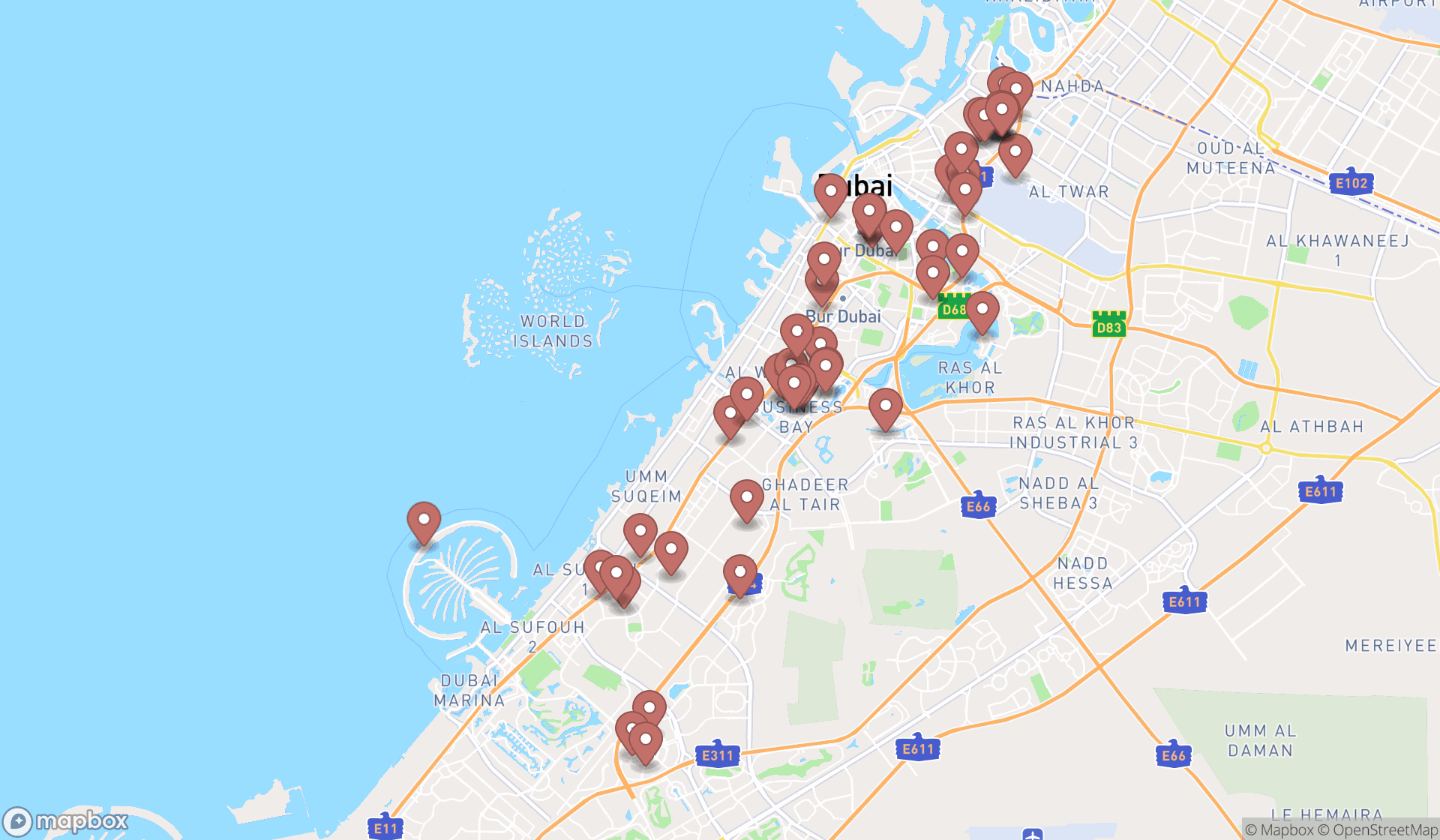 Map showing the search results in Dubai