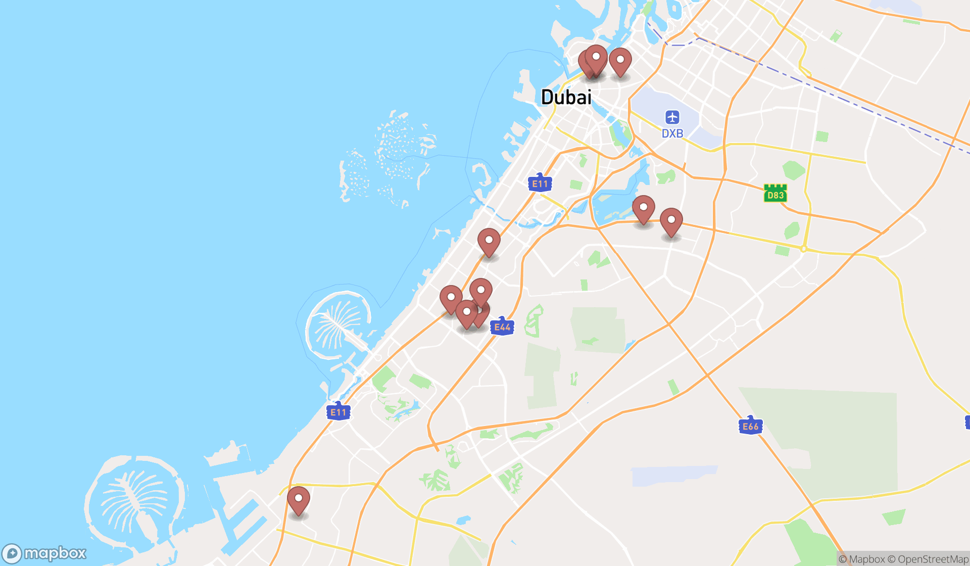 Map showing the search results in Dubai