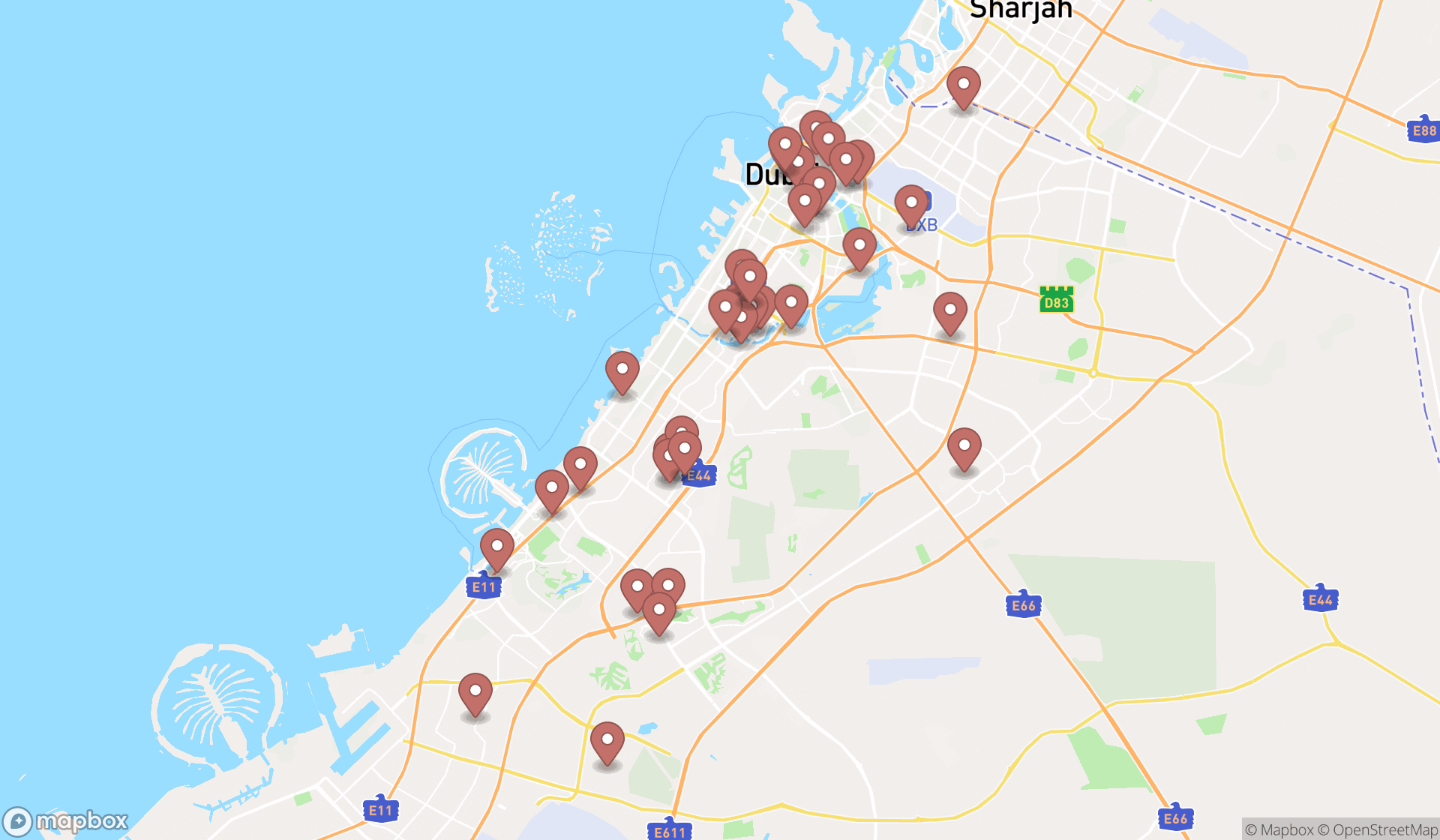 Map showing the search results in Dubai