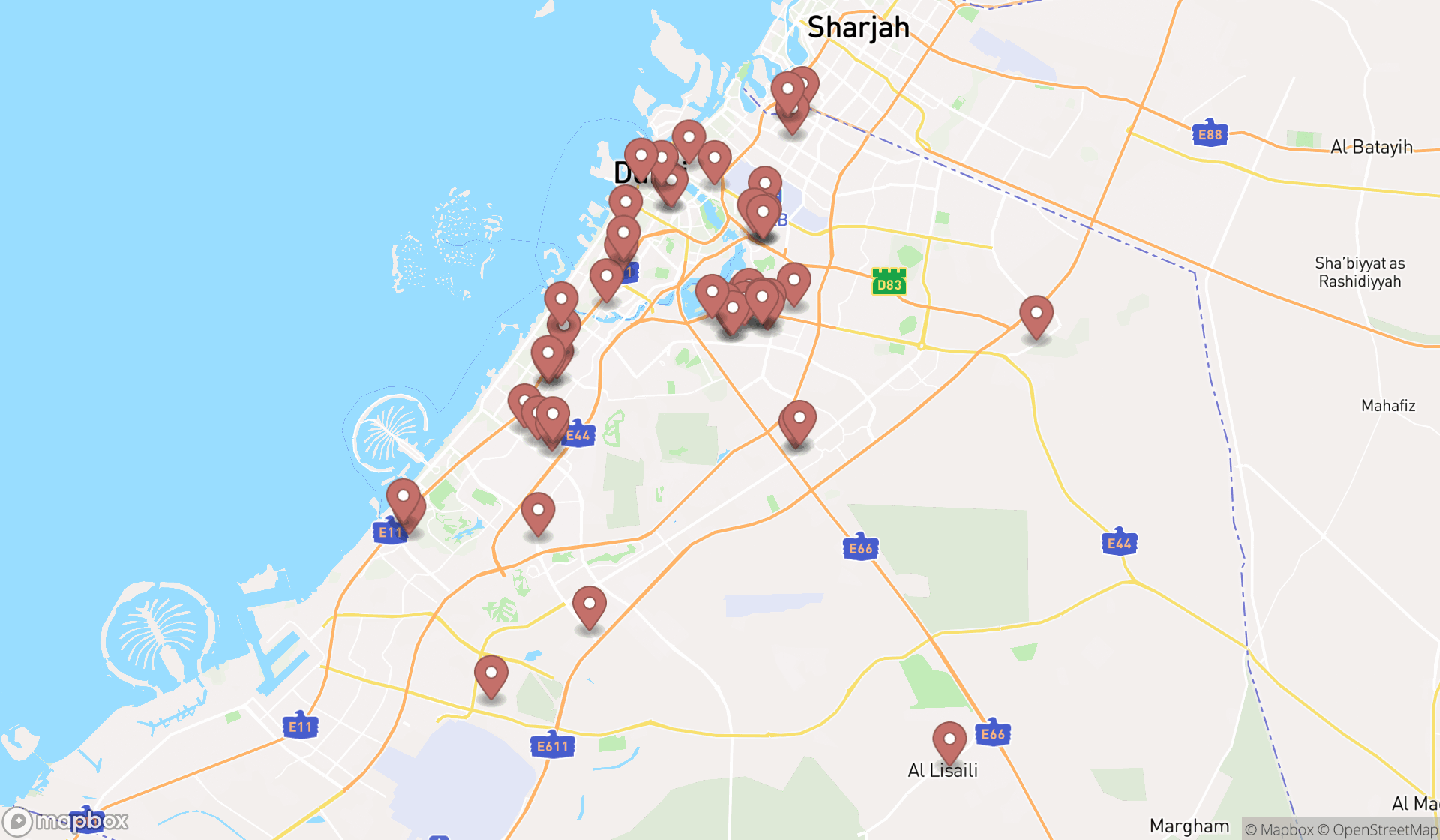 Map showing the search results in Dubai