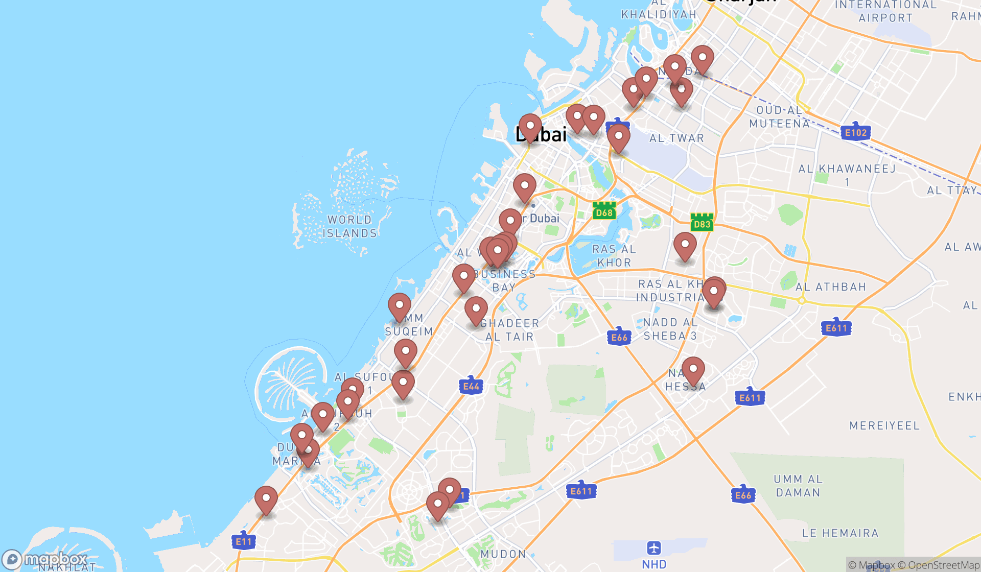 Map showing the search results in Dubai