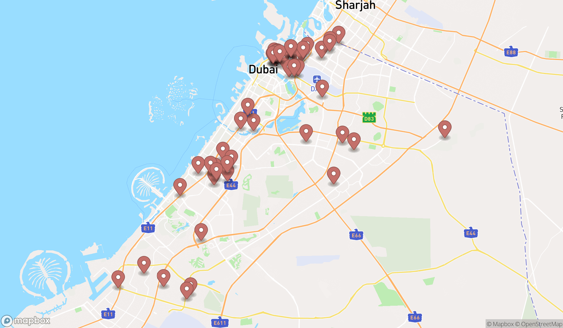 Map showing the search results in Dubai