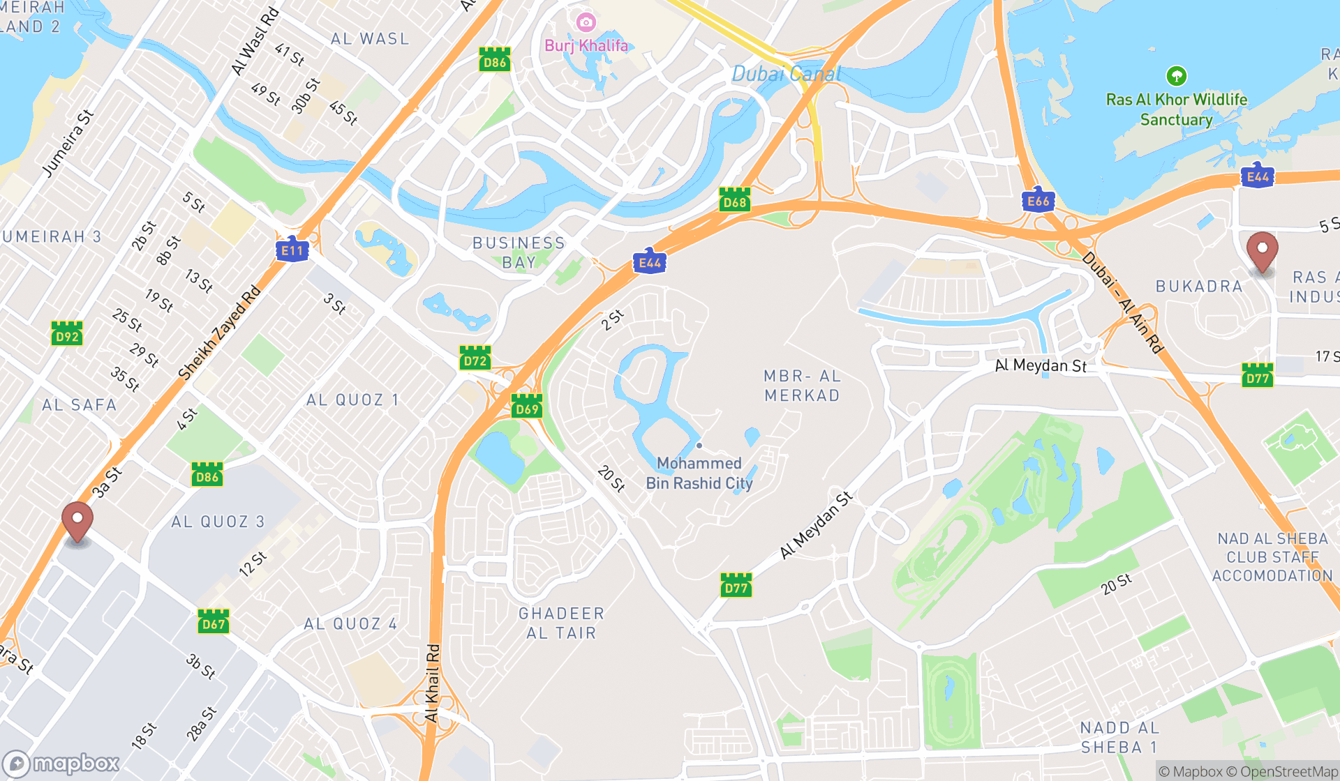 Map showing the search results in Dubai