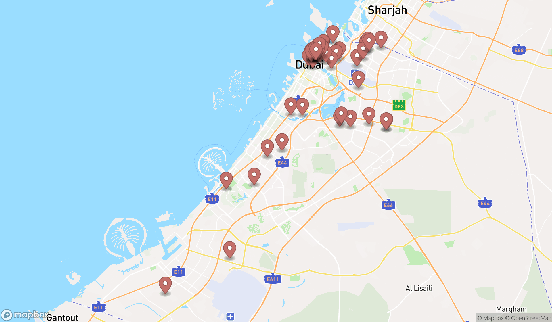 Map showing the search results in Dubai