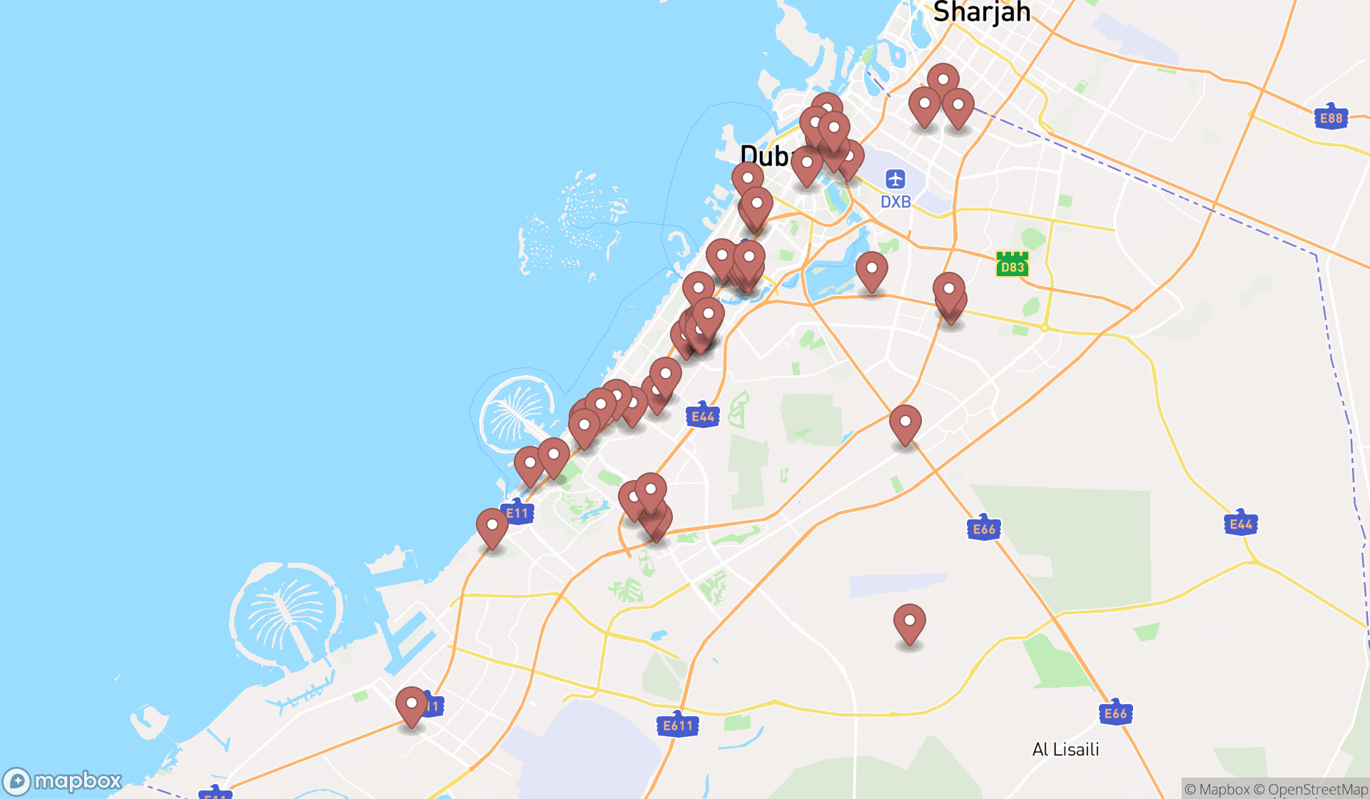 Map showing the search results in Dubai