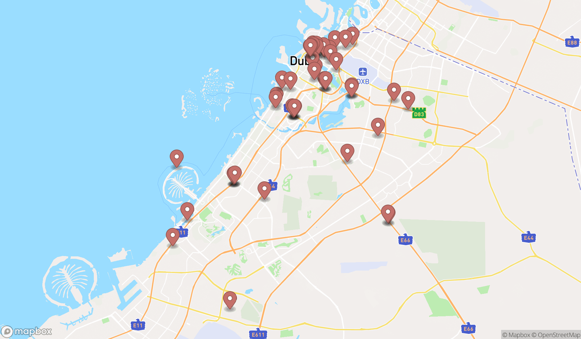 Map showing the search results in Dubai