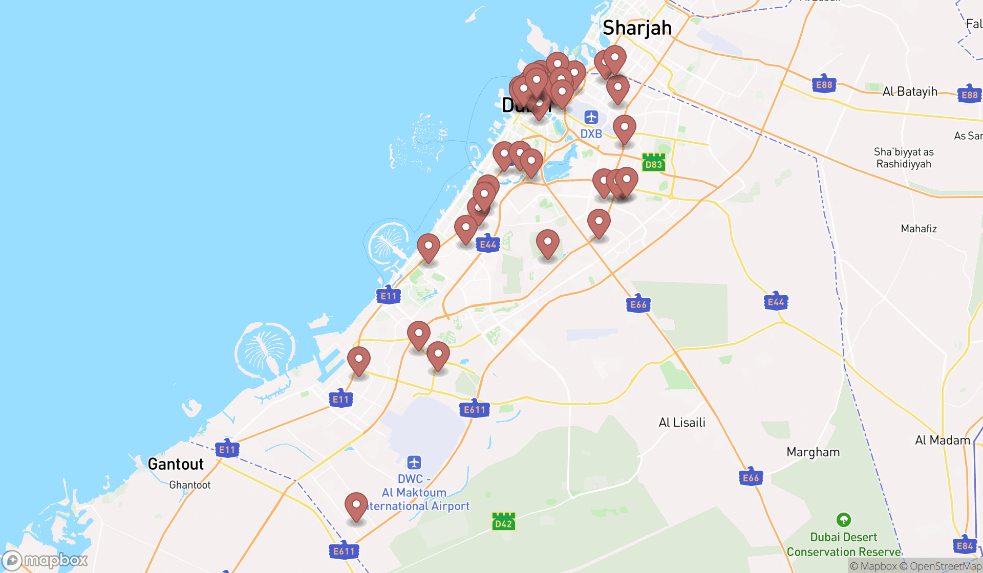 Map showing the search results in Dubai