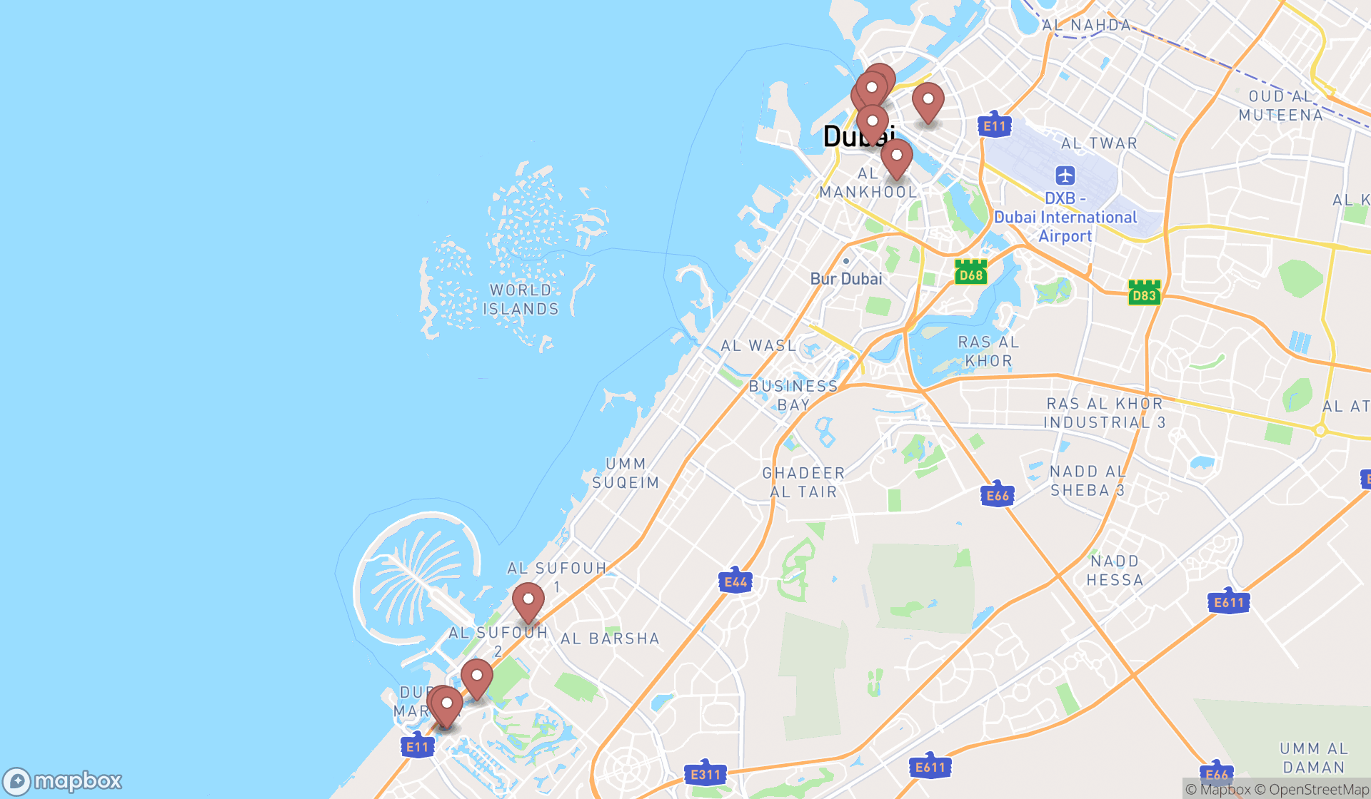 Map showing the search results in Dubai