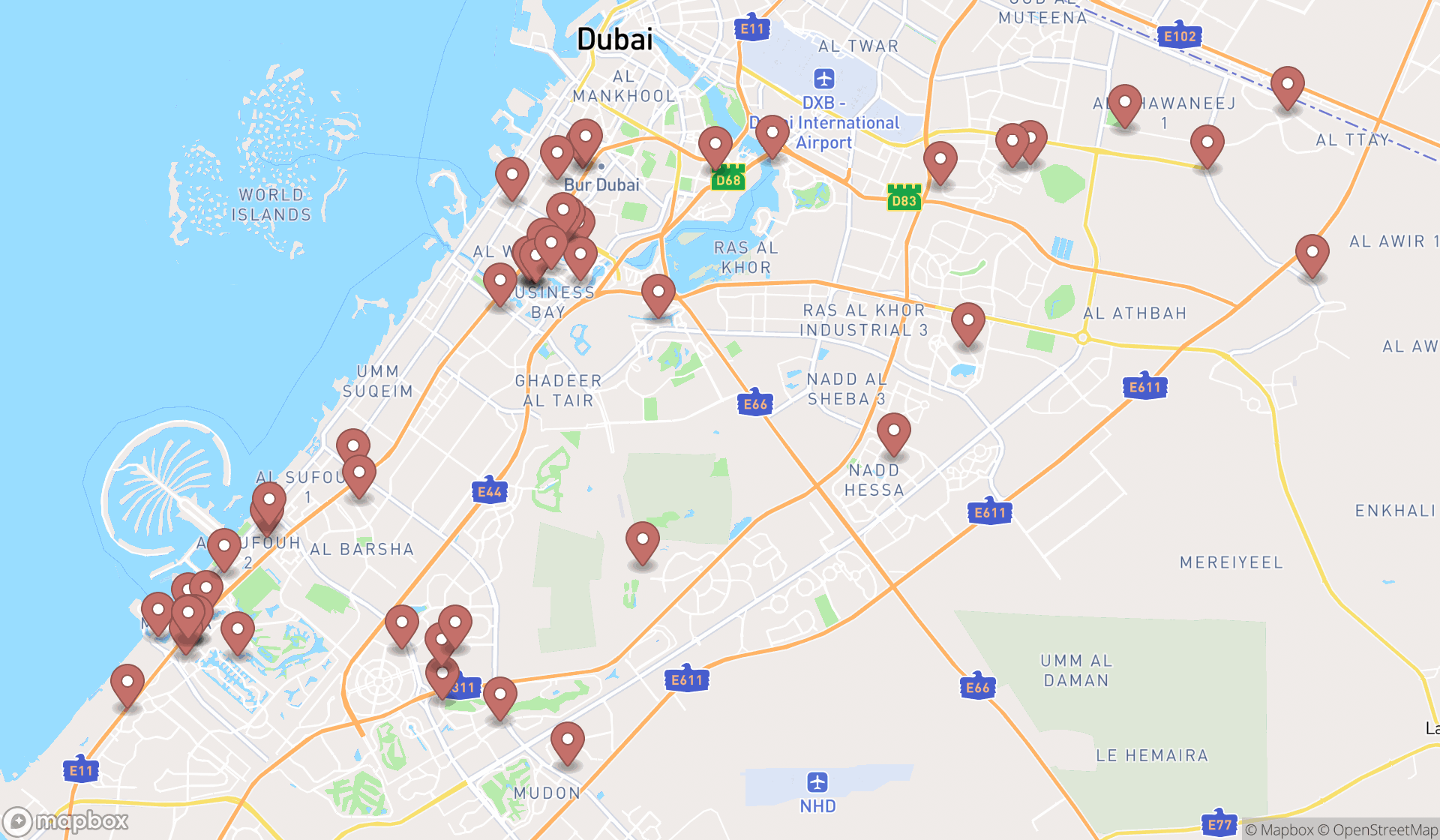 Map showing the search results in Dubai