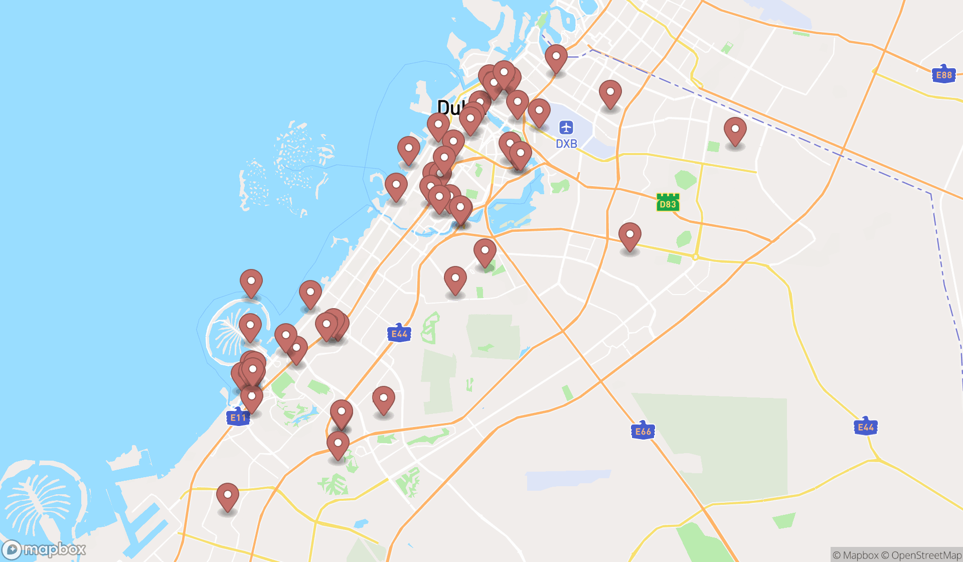 Map showing the search results in Dubai