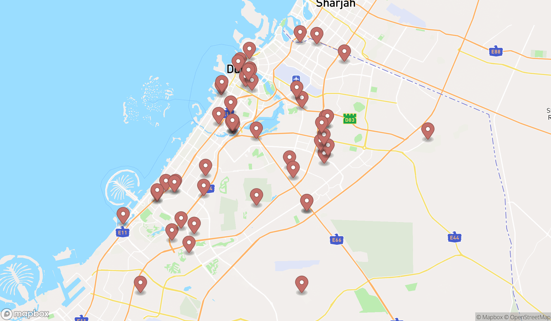 Map showing the search results in Dubai