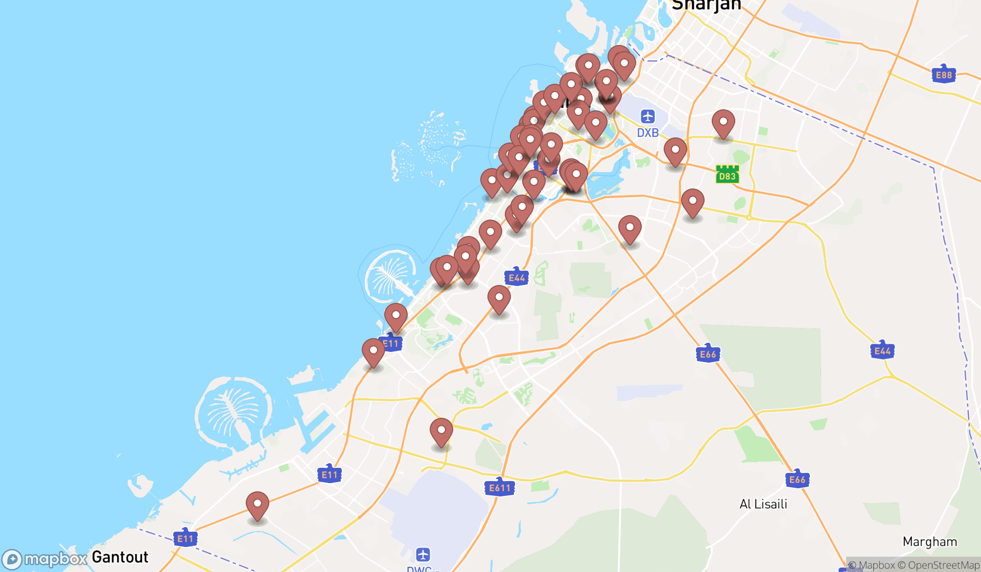 Map showing the search results in Dubai