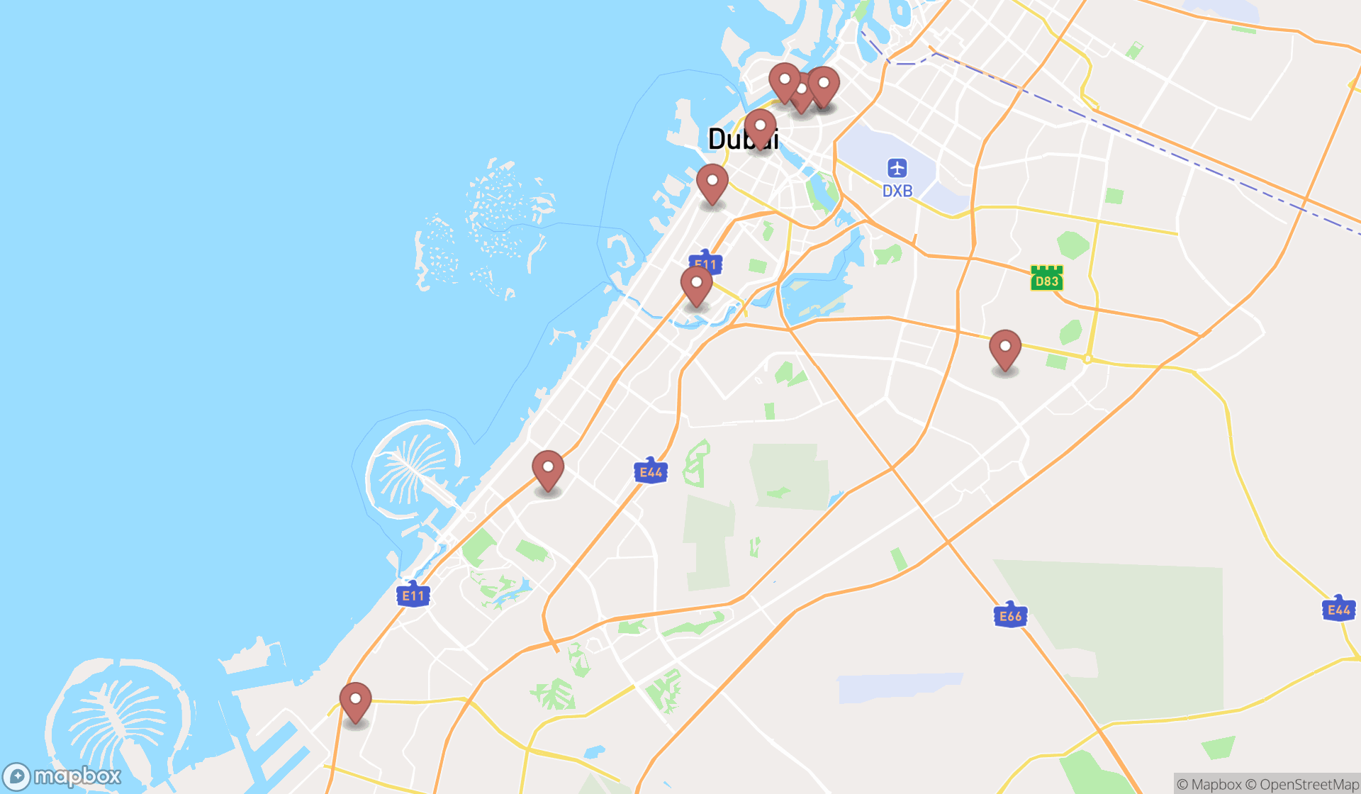 Map showing the search results in Dubai