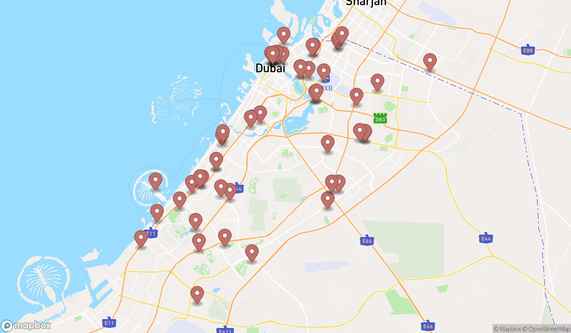 Map showing the search results in Dubai