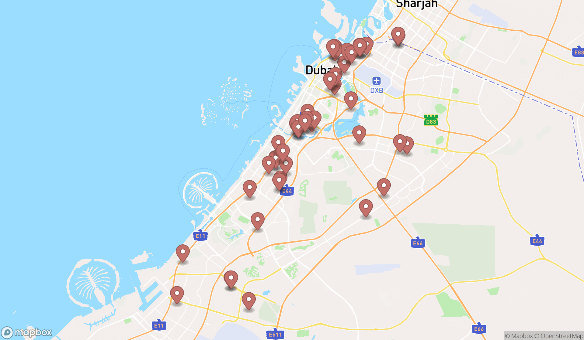 Map showing the search results in Dubai