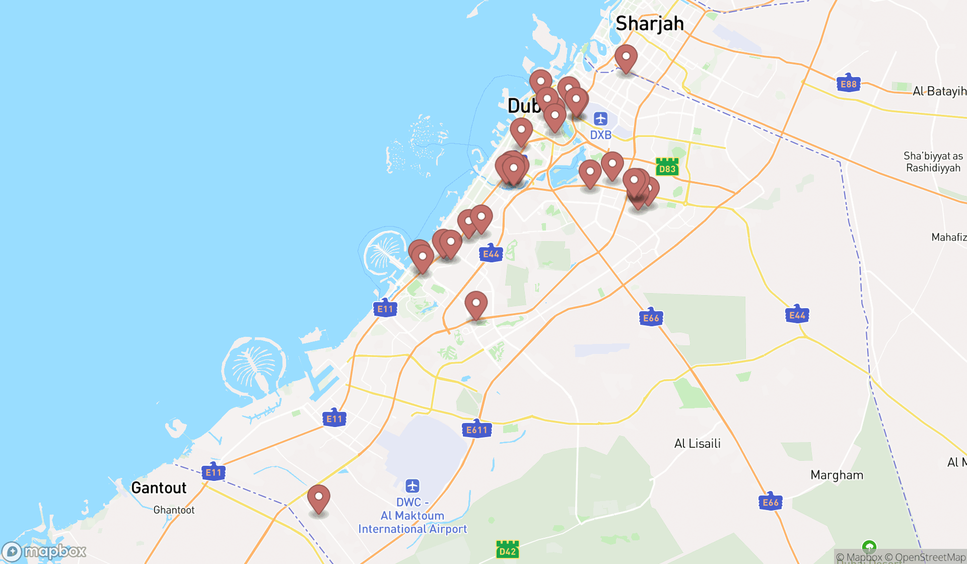 Map showing the search results in Dubai