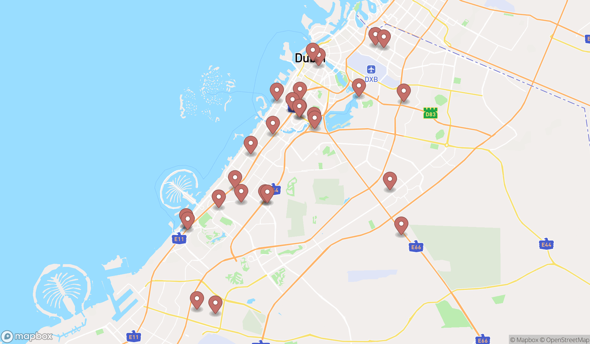 Map showing the search results in Dubai