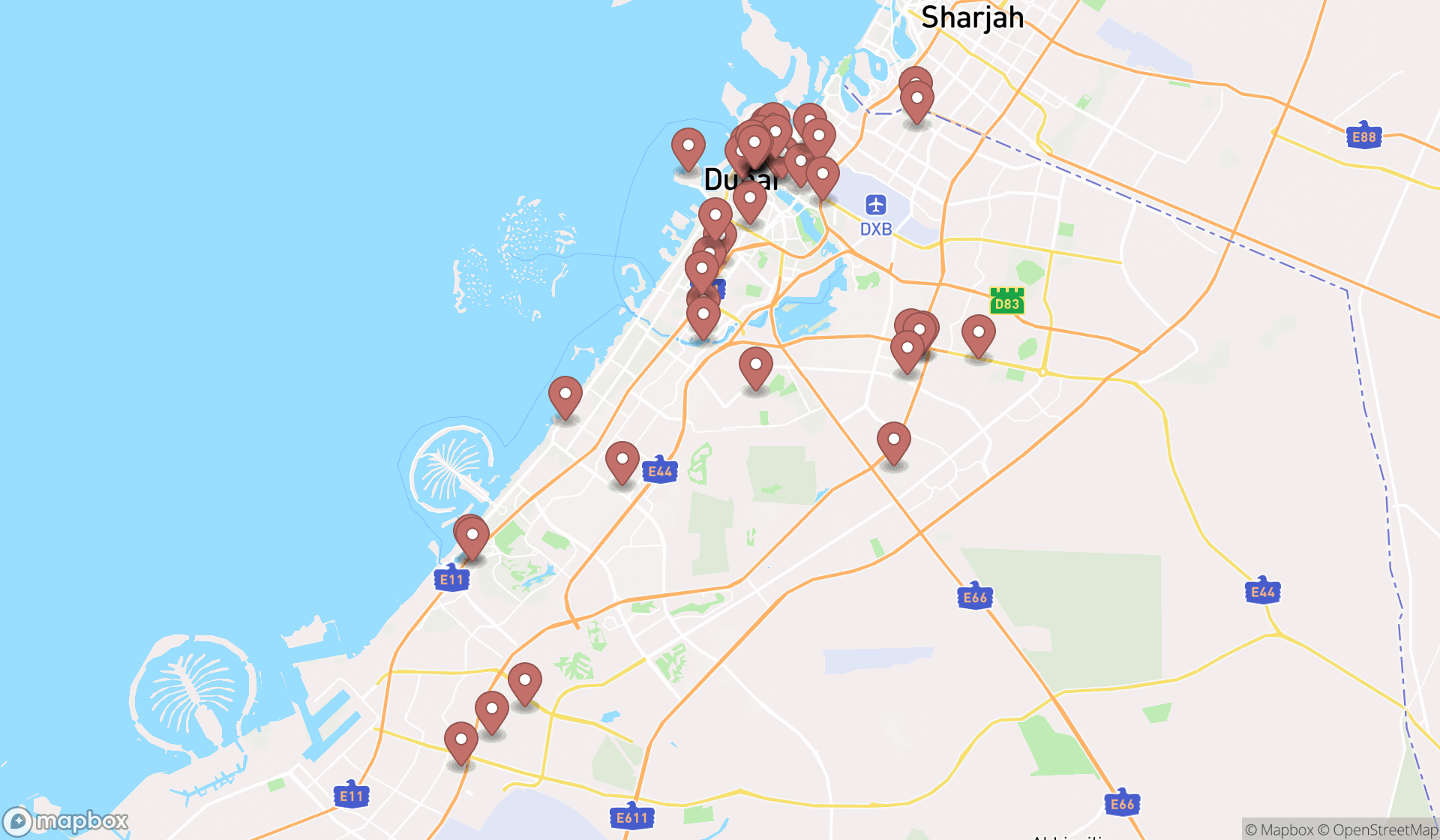 Map showing the search results in Dubai