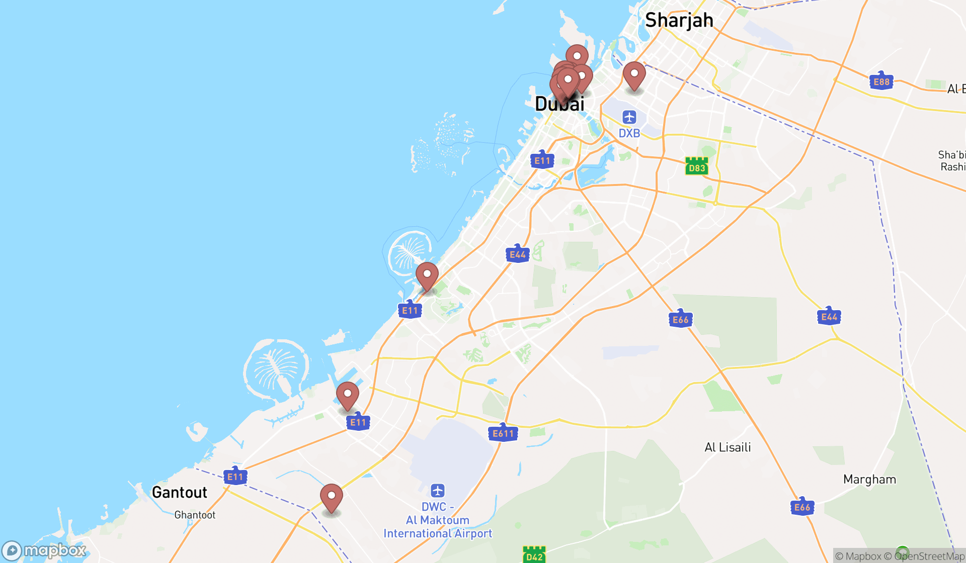 Map showing the search results in Dubai