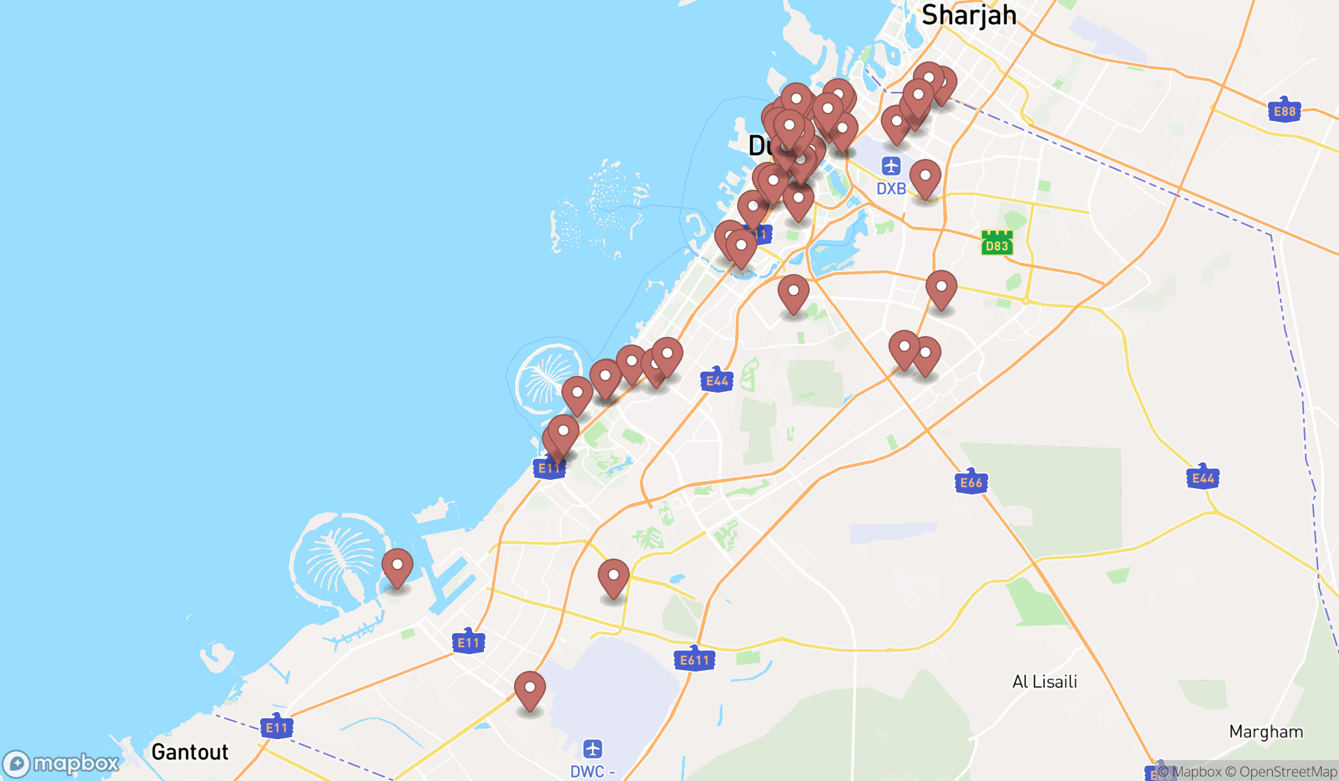 Map showing the search results in Dubai