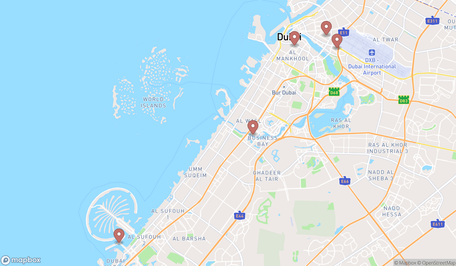 Map showing the search results in Dubai