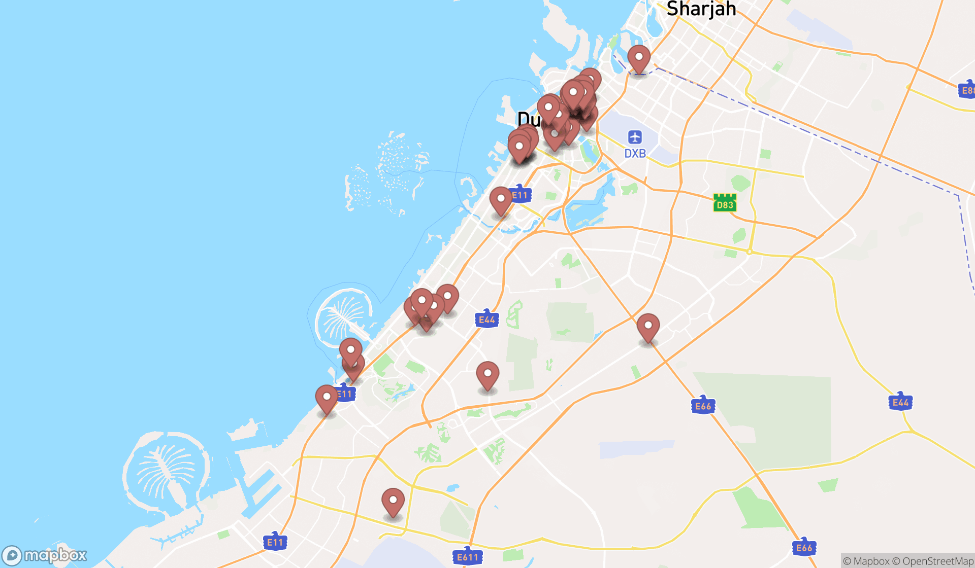 Map showing the search results in Dubai
