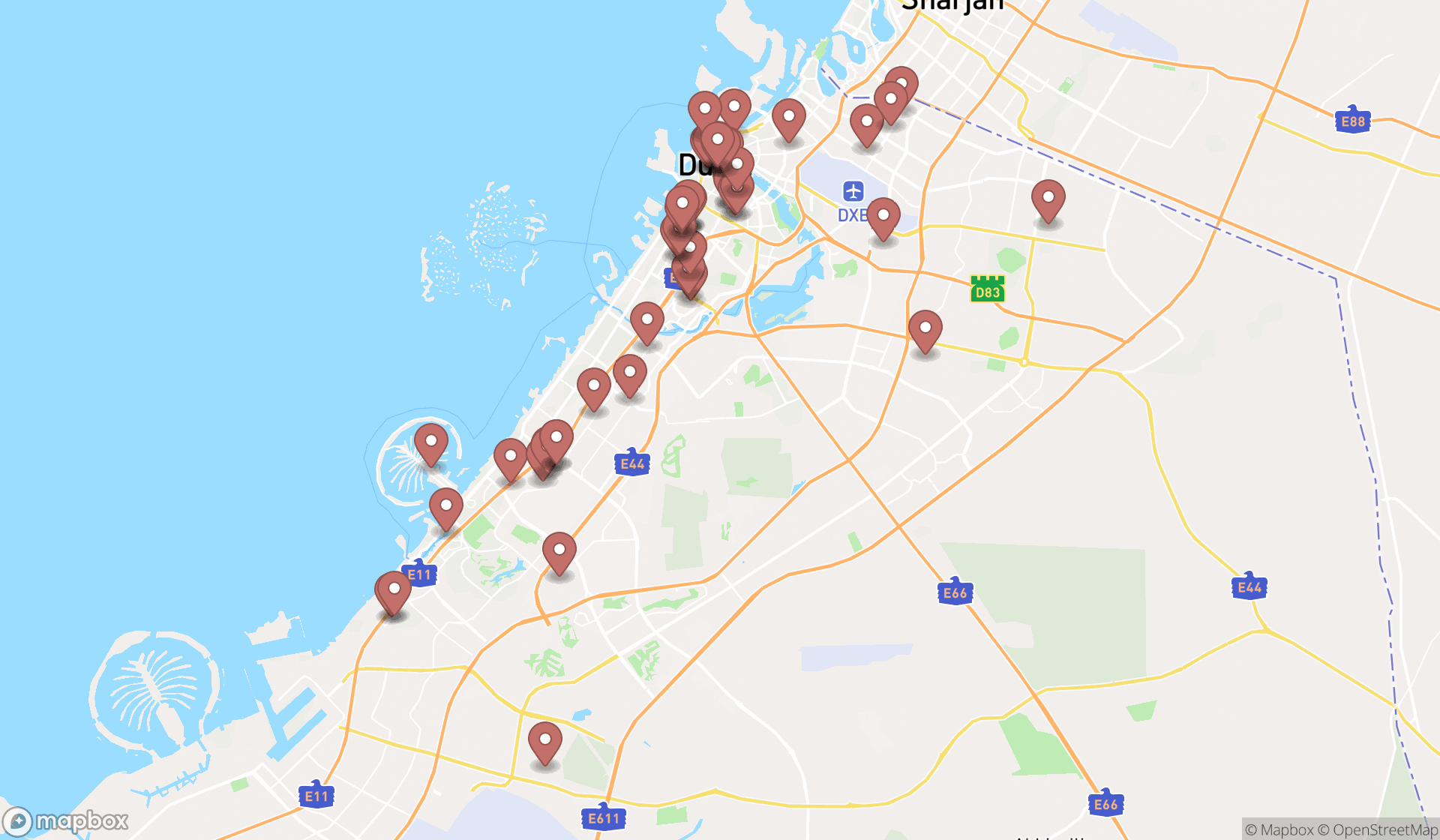 Map showing the search results in Dubai