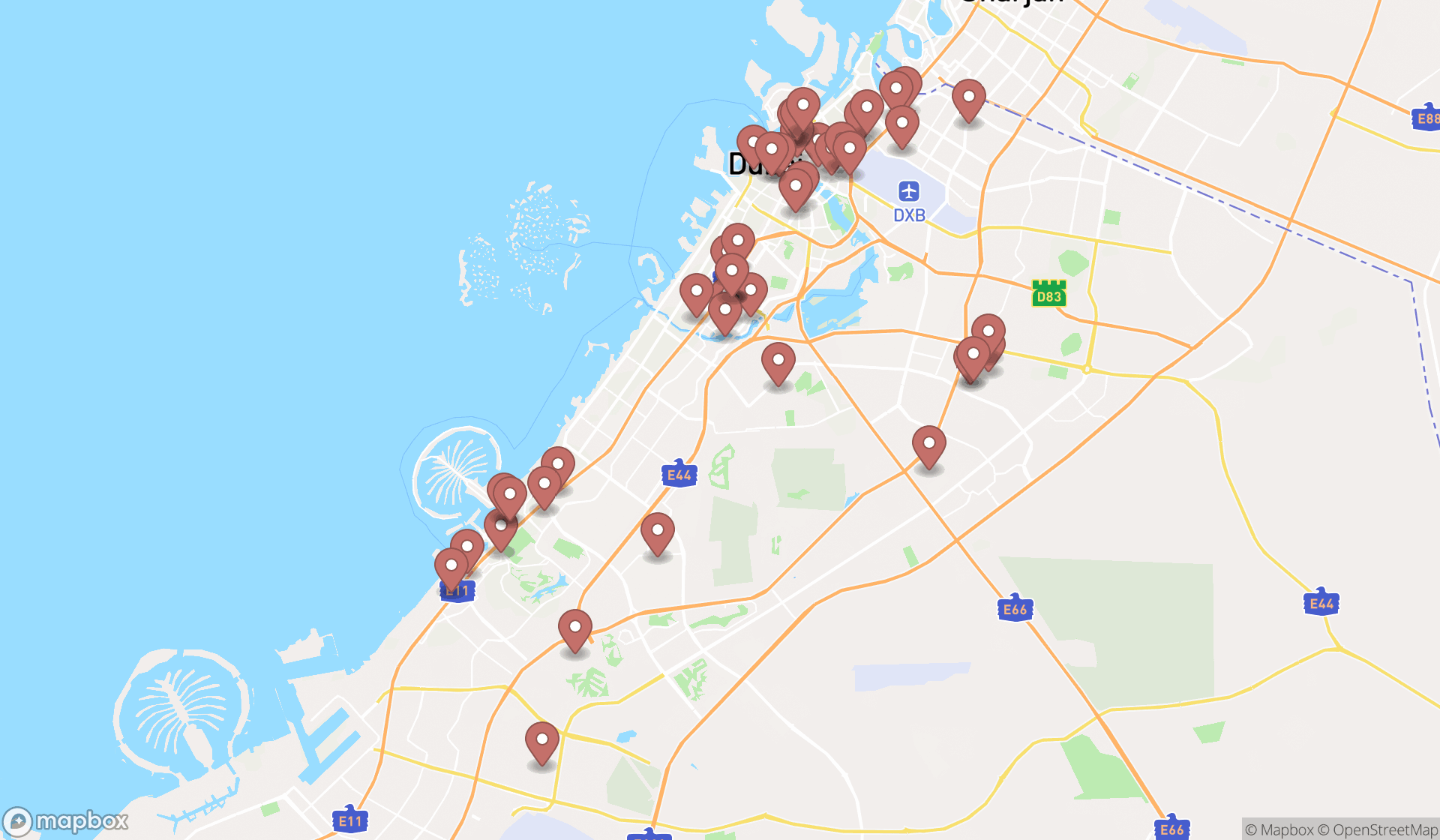 Map showing the search results in Dubai