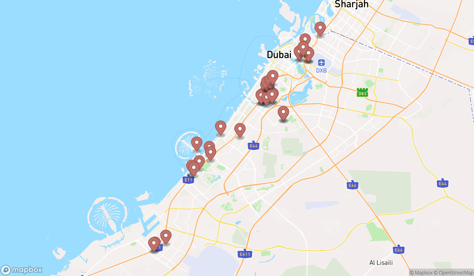 Map showing the search results in Dubai