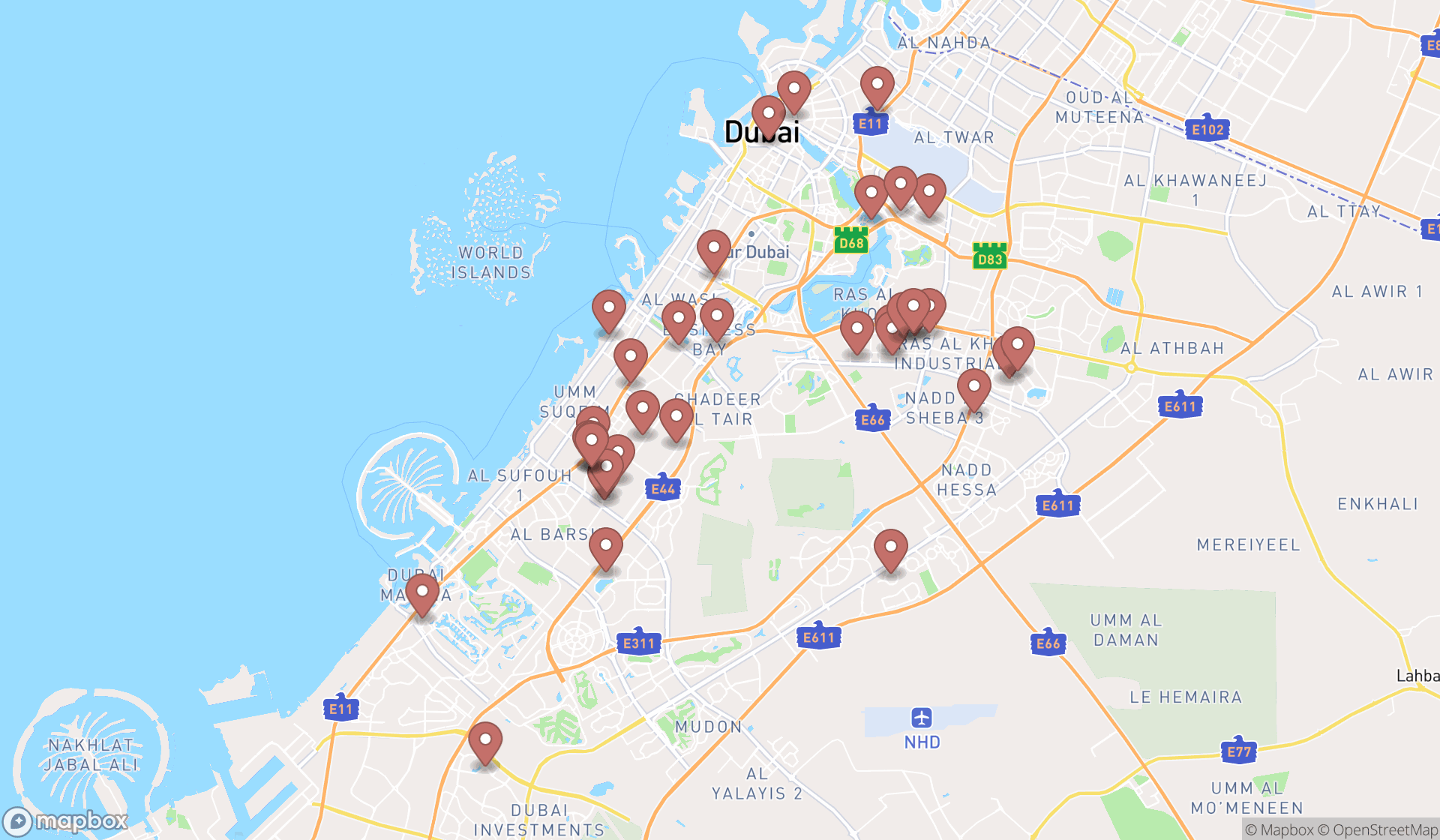 Map showing the search results in Dubai