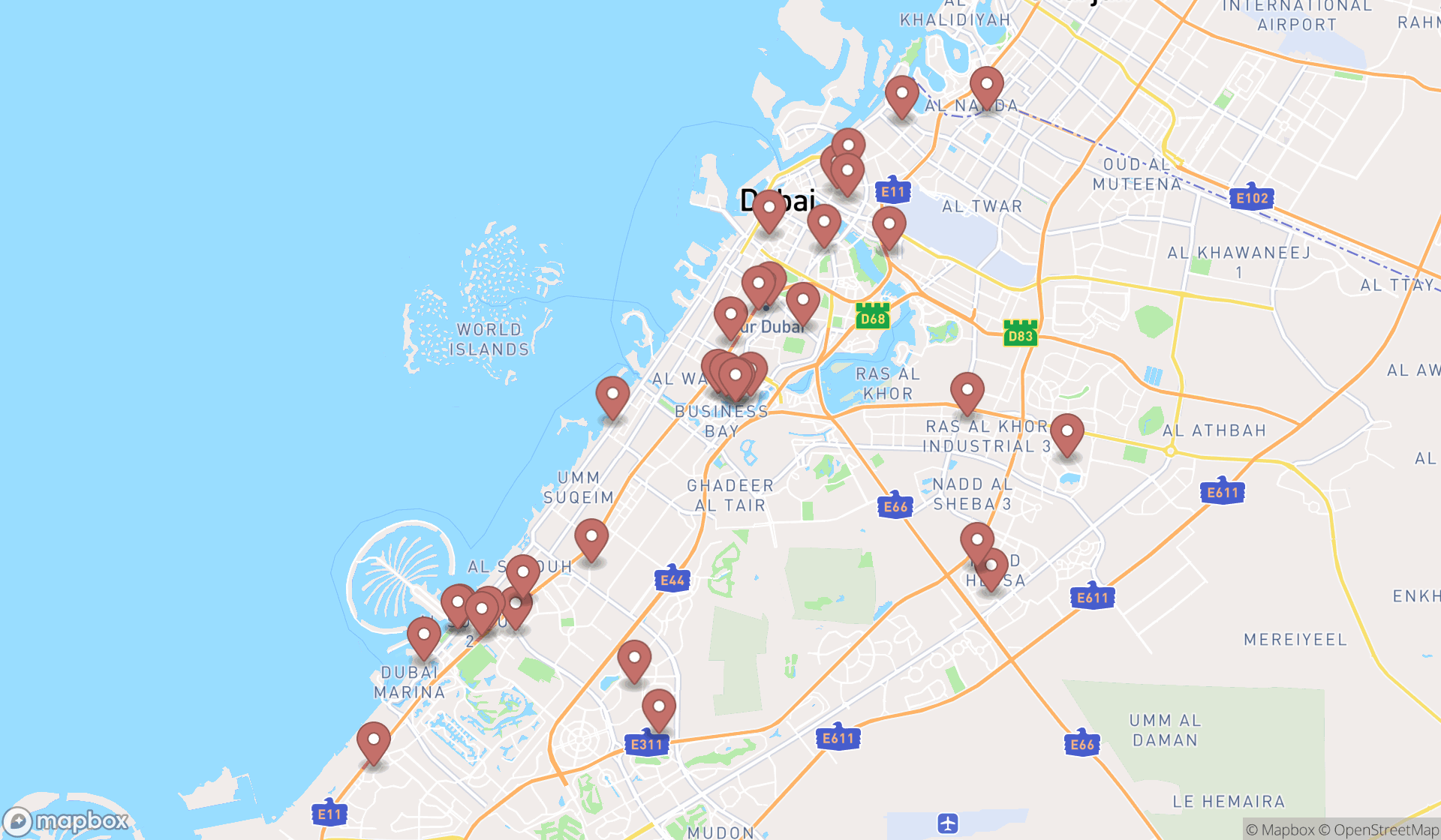 Map showing the search results in Dubai