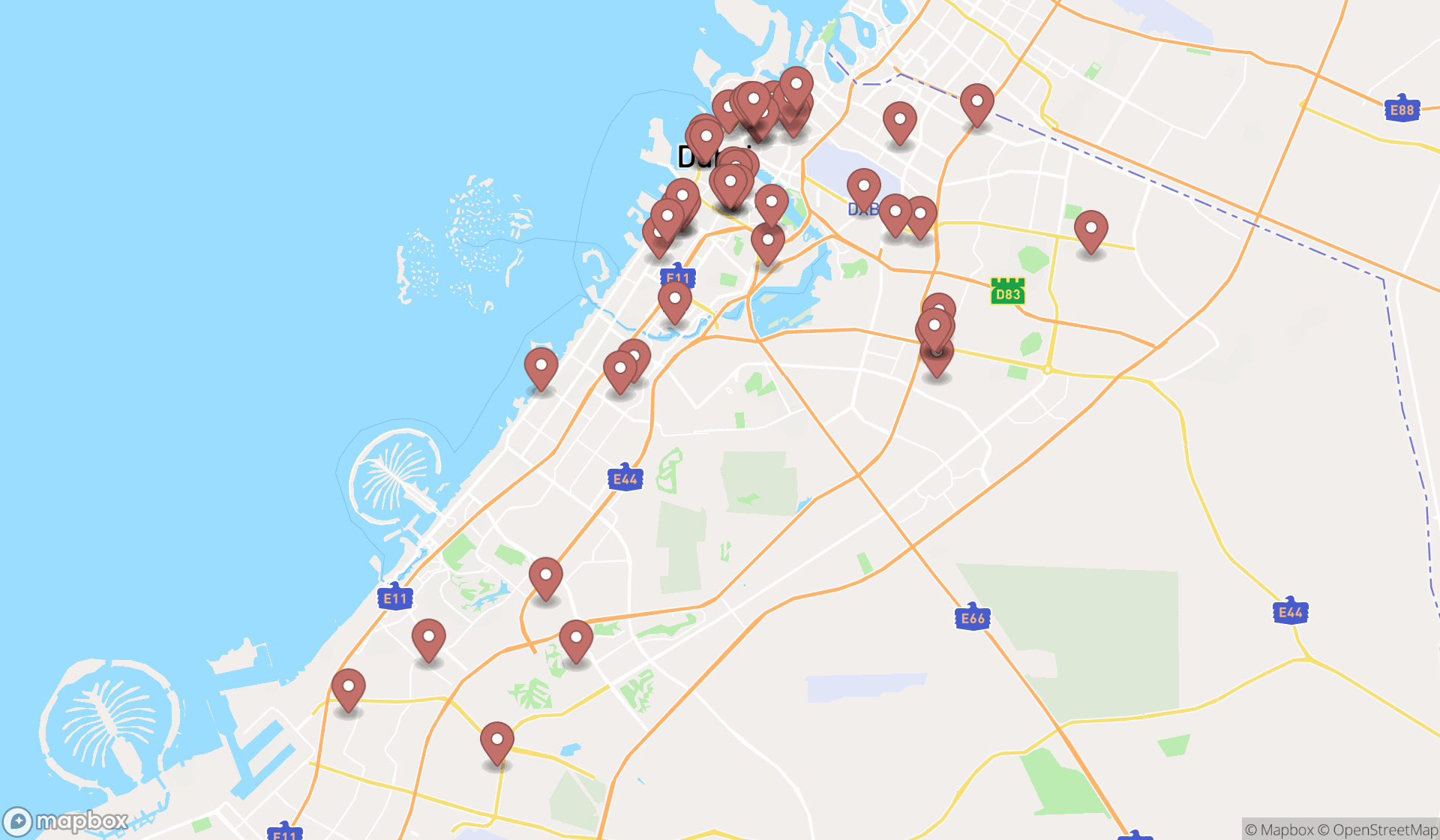 Map showing the search results in Dubai