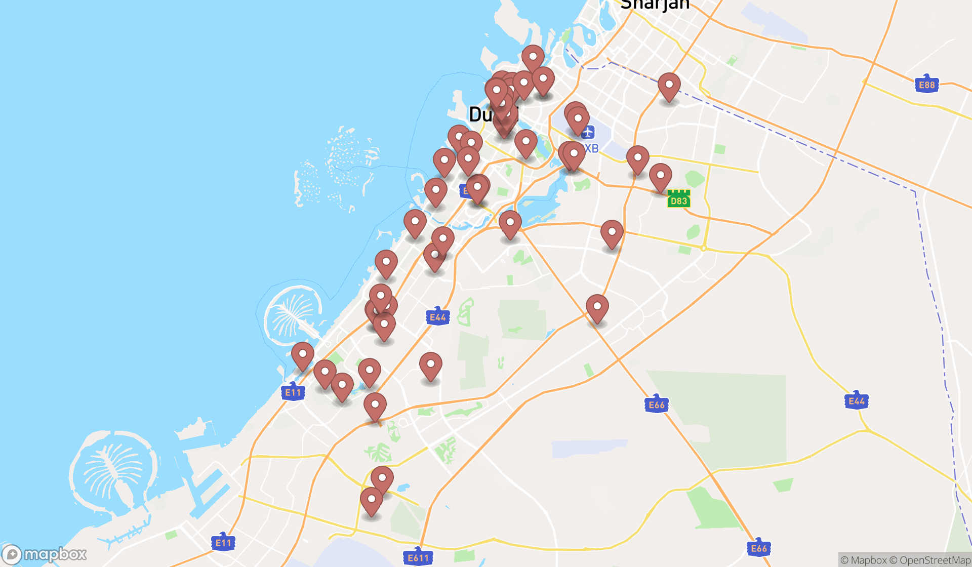 Map showing the search results in Dubai