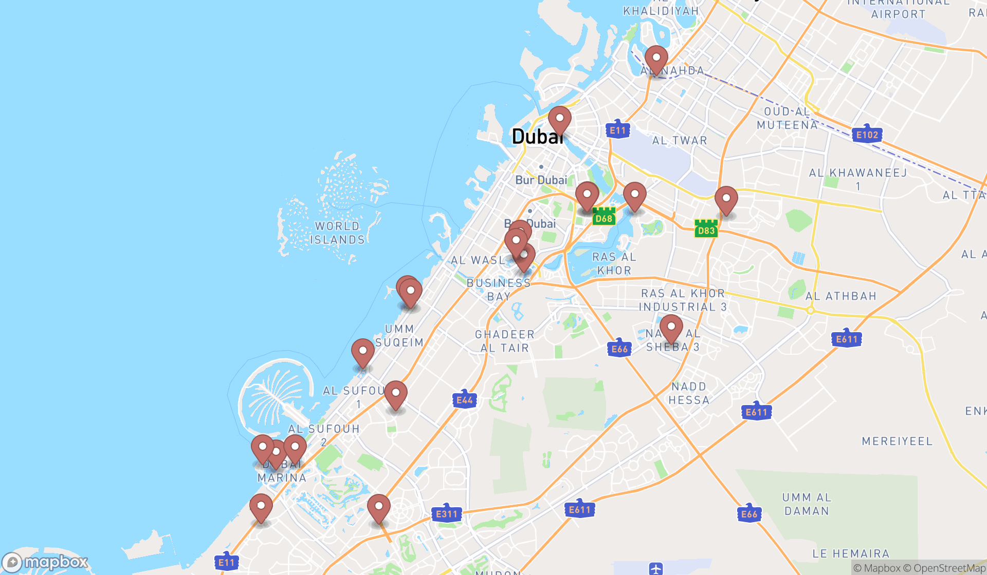 Map showing the search results in Dubai