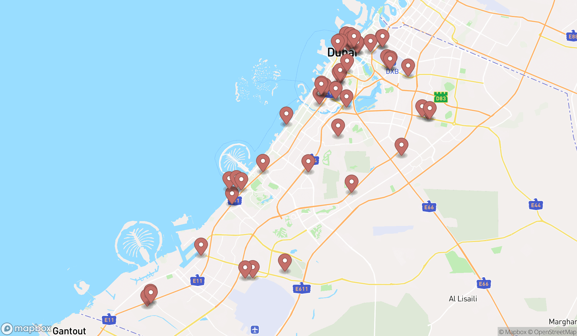 Map showing the search results in Dubai