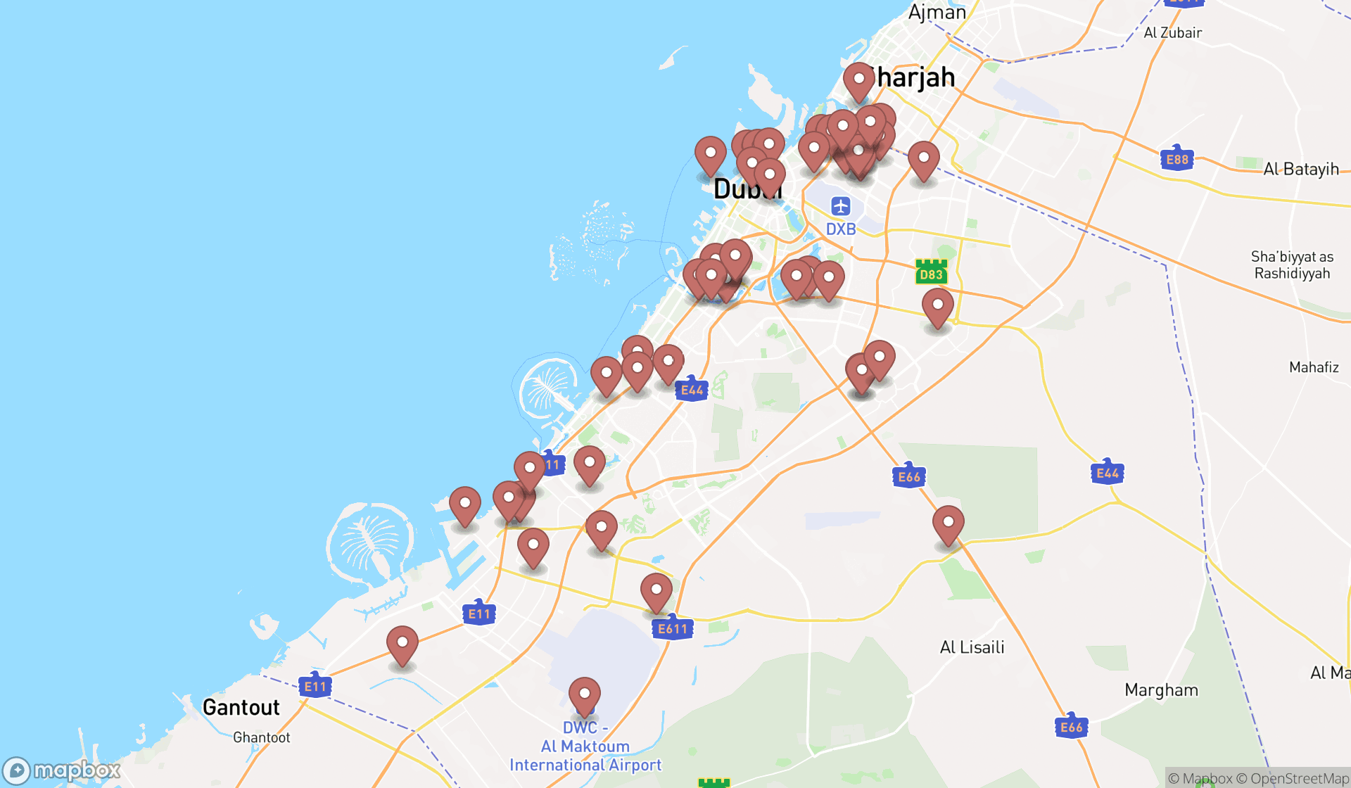 Map showing the search results in Dubai