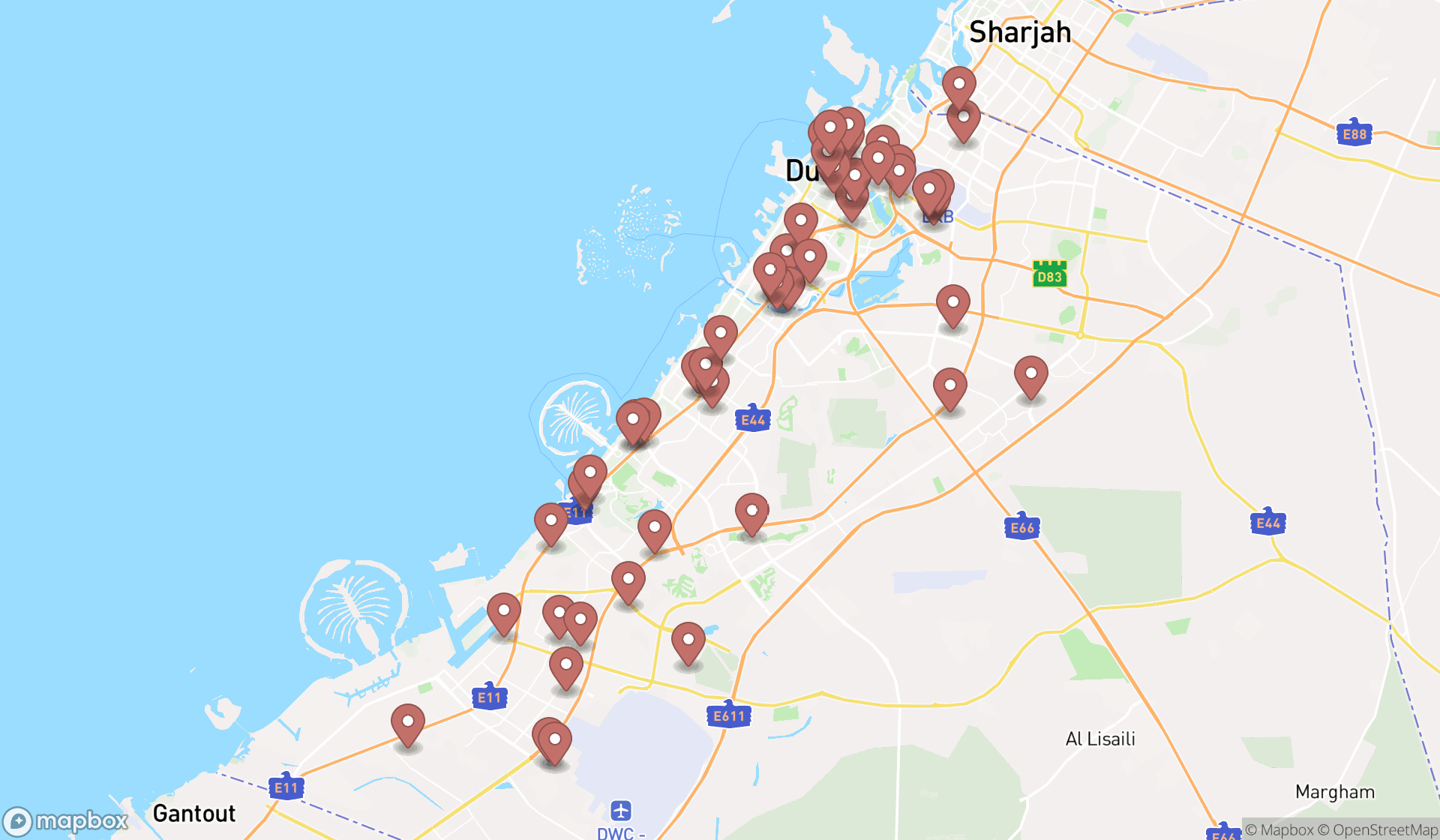 Map showing the search results in Dubai