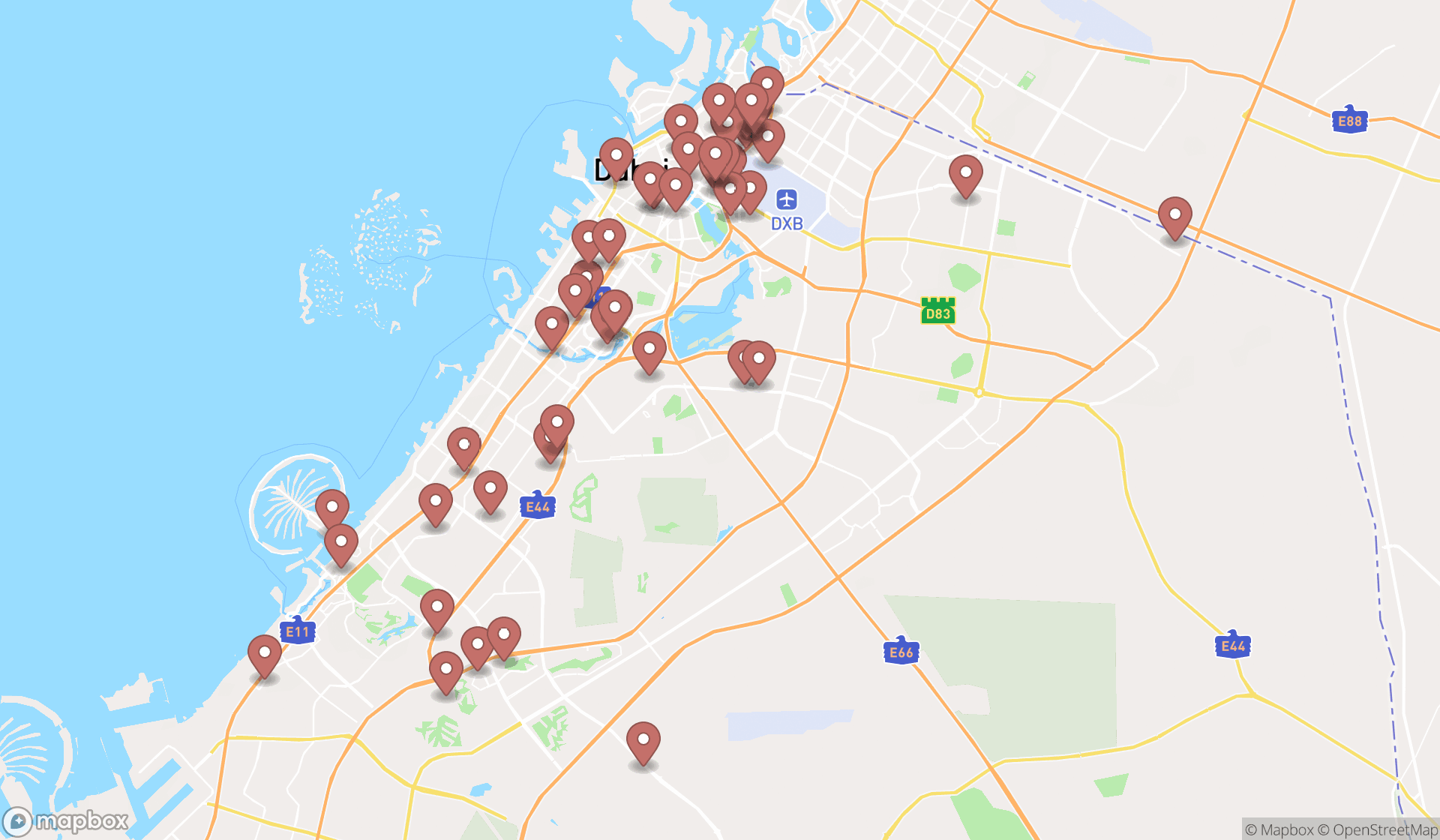 Map showing the search results in Dubai