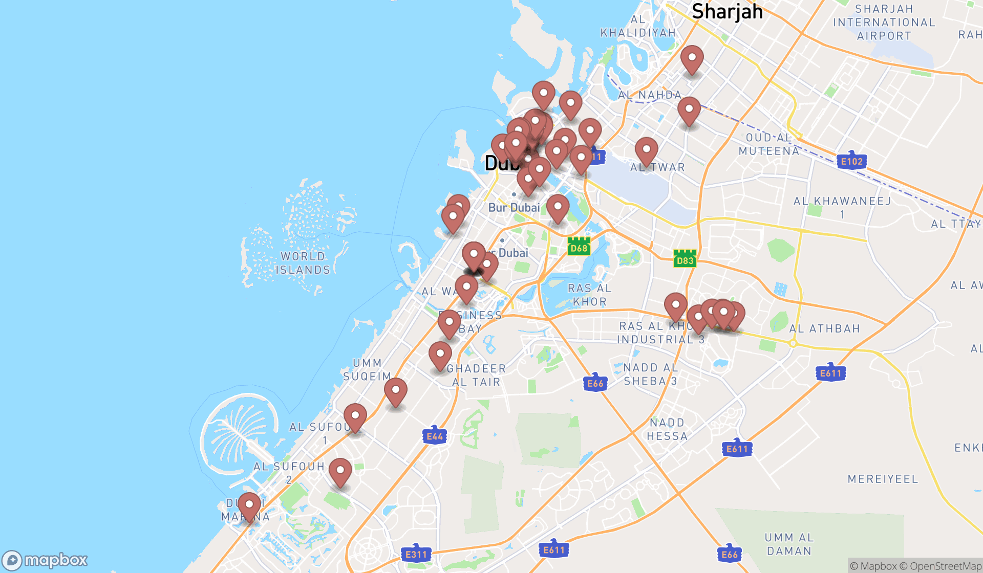 Map showing the search results in Dubai