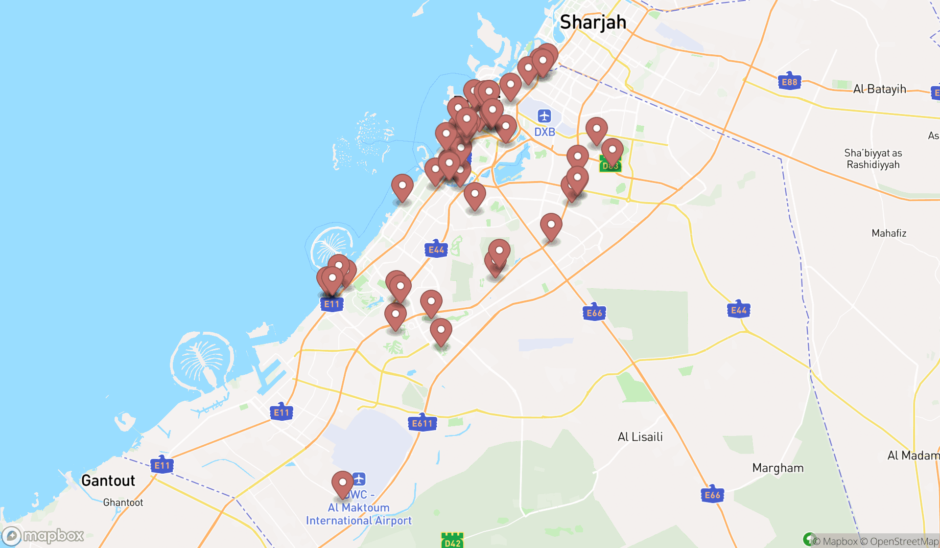 Map showing the search results in Dubai
