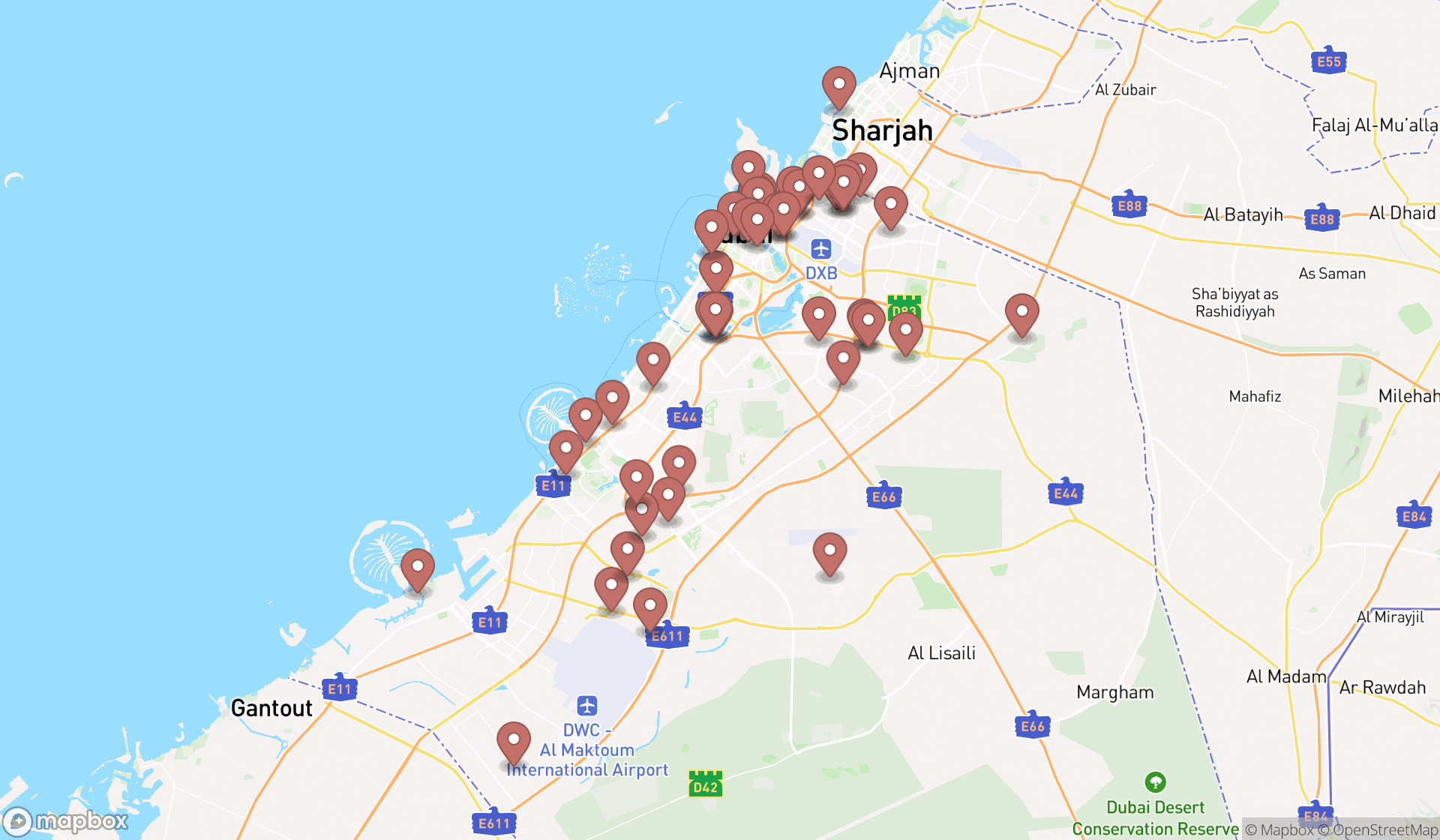 Map showing the search results in Dubai