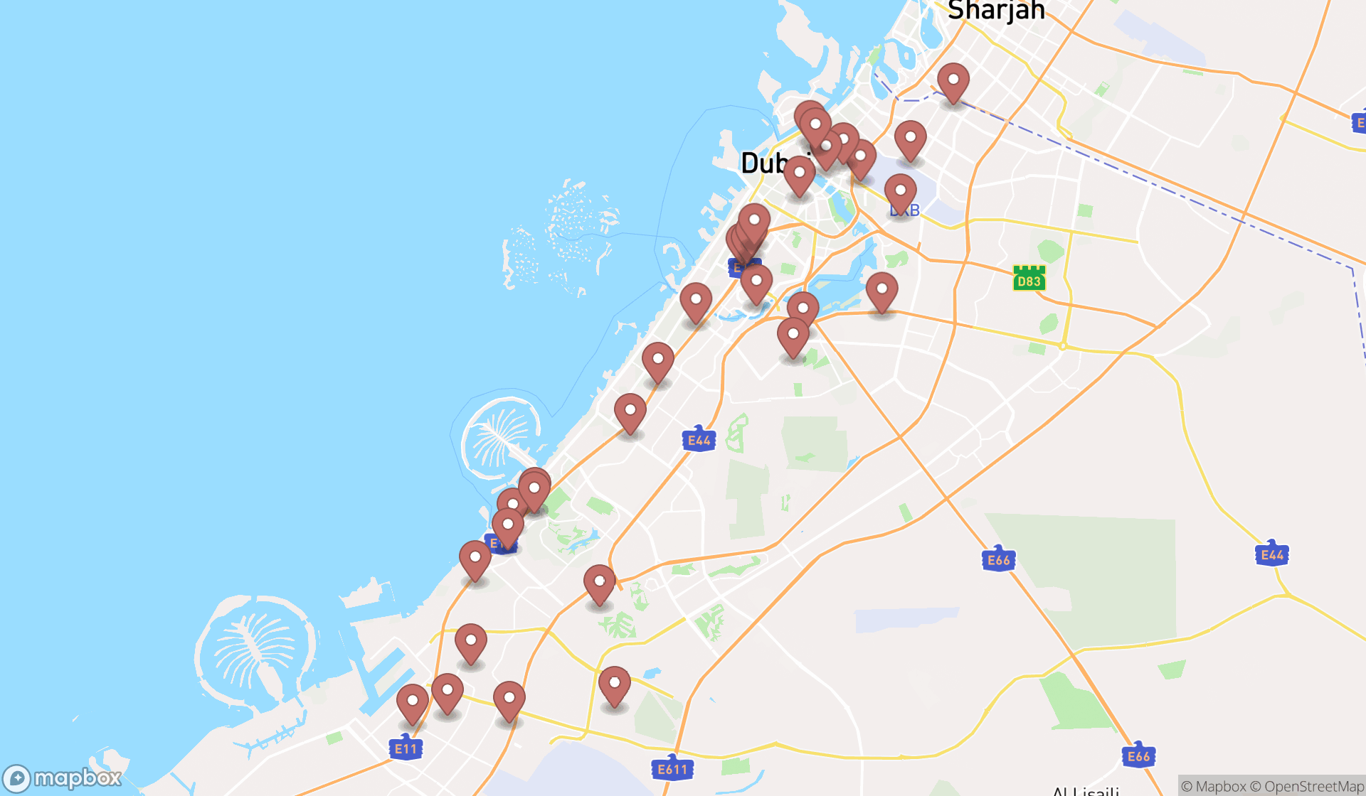 Map showing the search results in Dubai