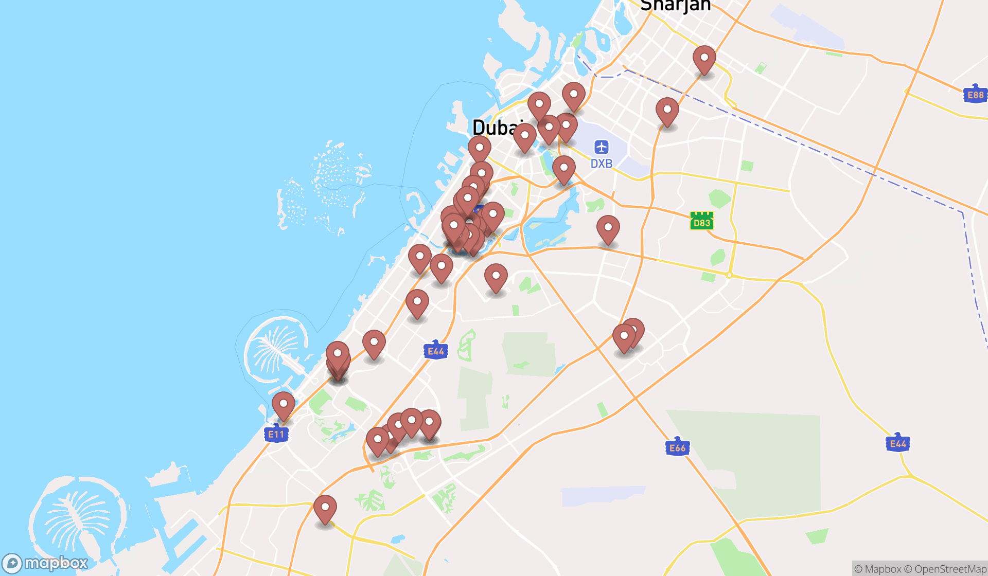 Map showing the search results in Dubai