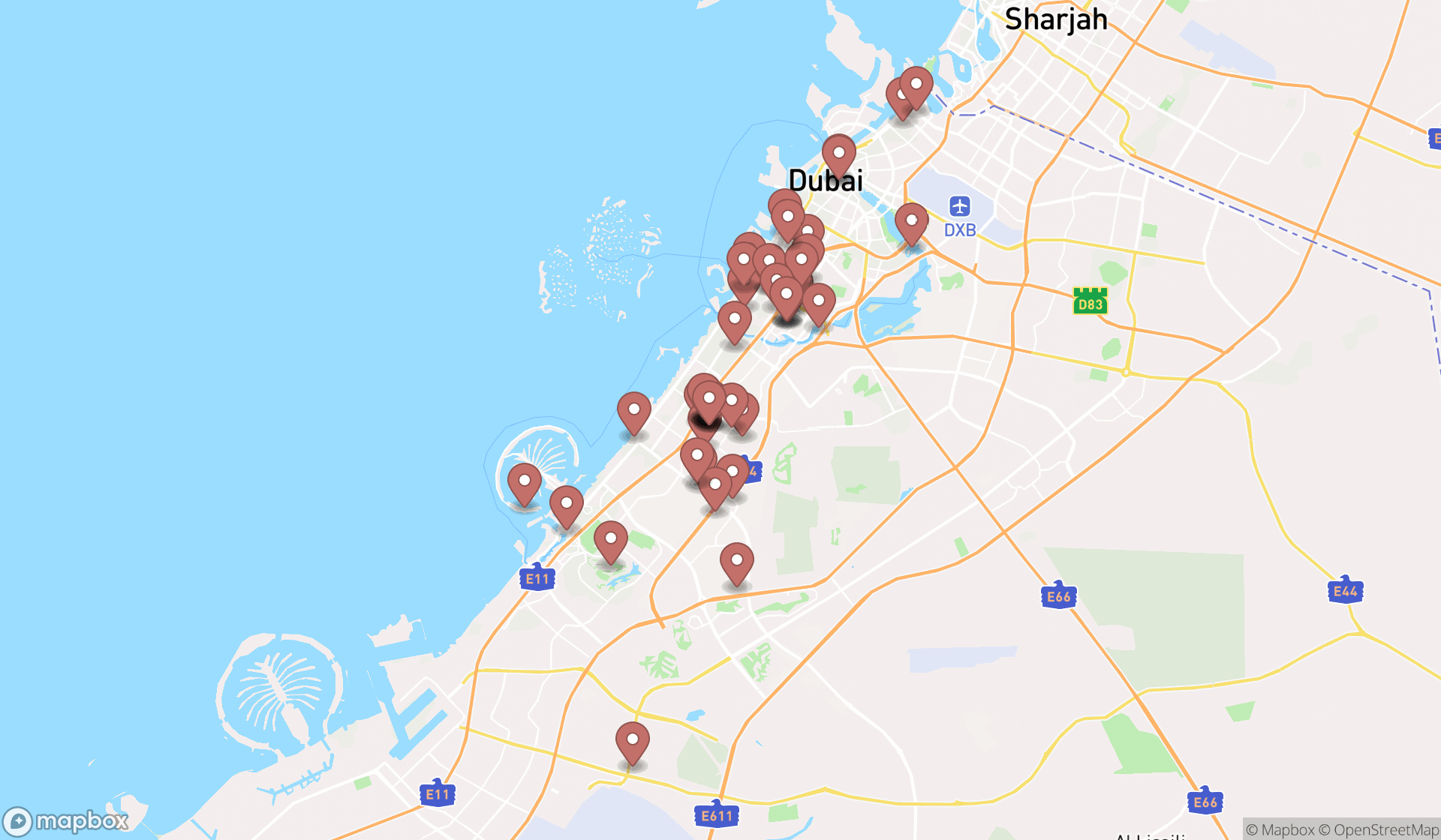 Map showing the search results in Dubai